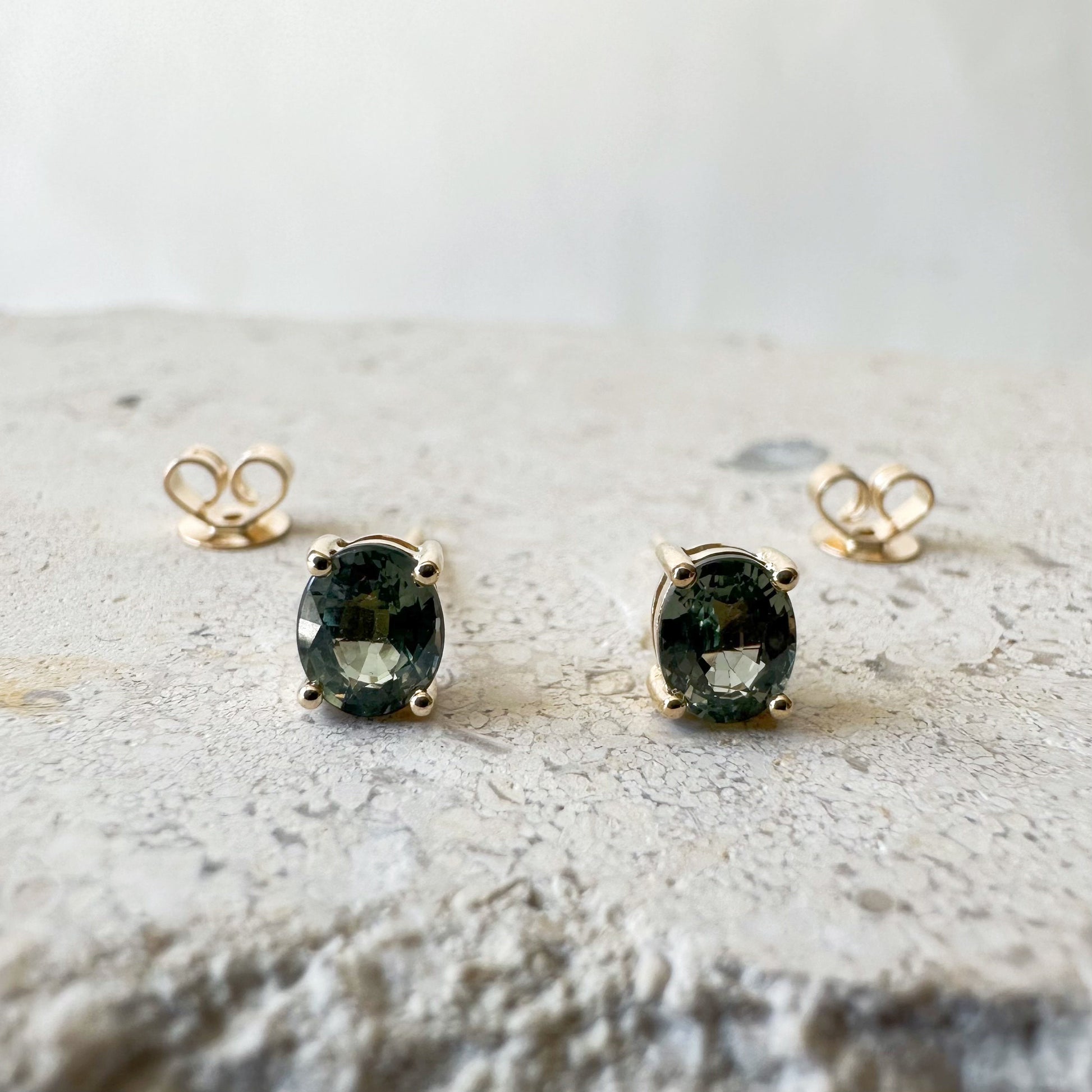 14K Solid White or Yellow Gold / 18K Solid White Gold Genuine Green Sapphire Oval Studs/Pair