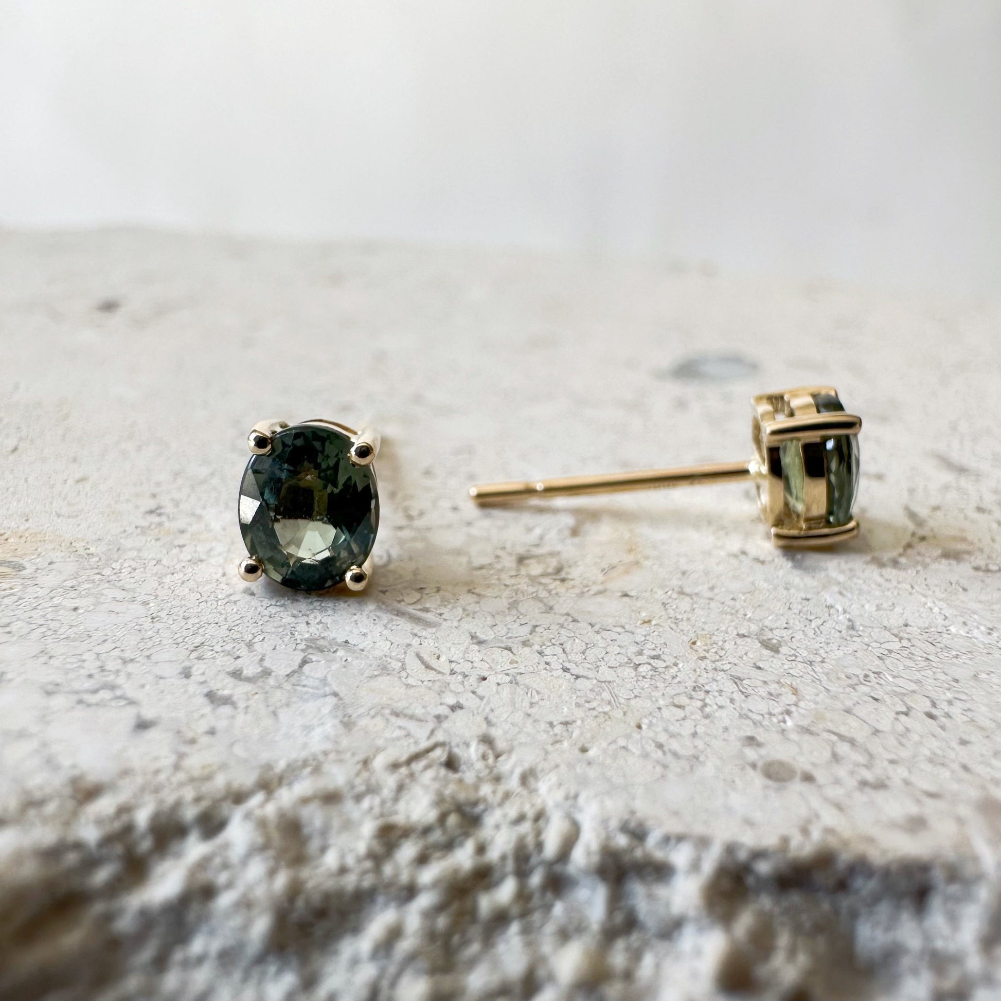 14K Solid Gold Genuine Green Sapphire Oval Studs/Pair