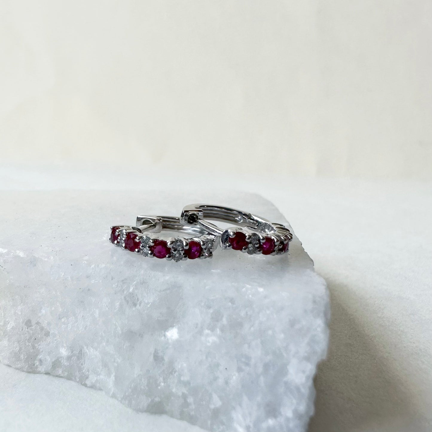 18K Solid Gold Genuine Ruby and Diamond Hoops/Pair