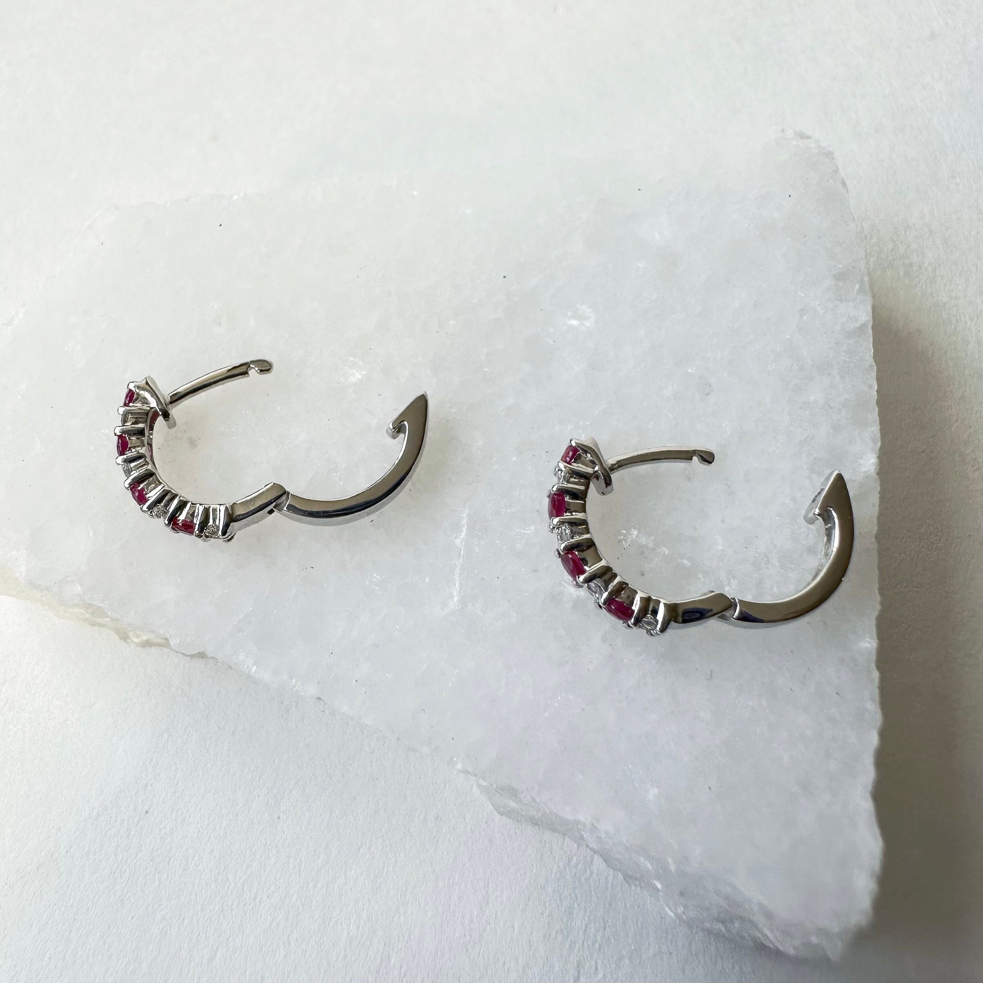 14K Solid Gold Genuine Ruby and Diamond Hoops/Pair
