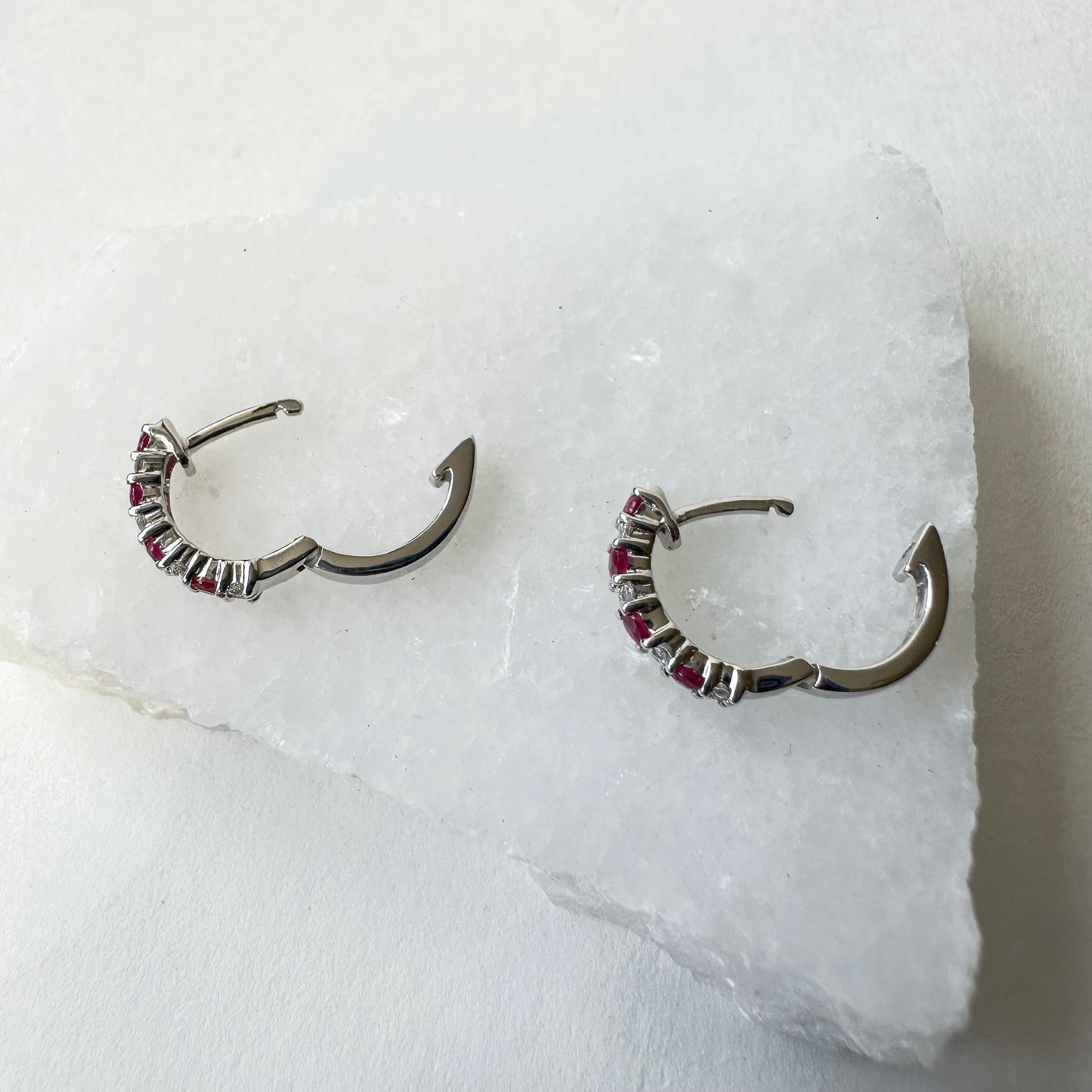 18K Solid Gold Genuine Ruby and Diamond Hoops/Pair
