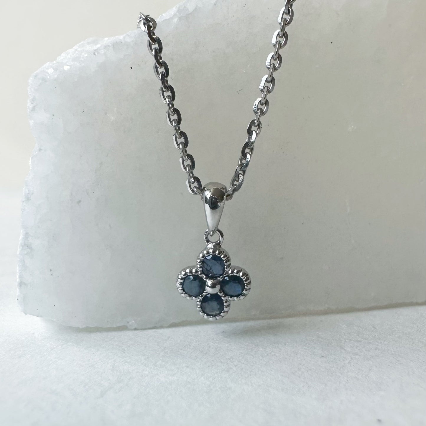 14K Solid Gold Natural Sapphire Clover Necklace | 0.31 CT Genuine Sapphire Necklace Charm | September Birthstone Gift