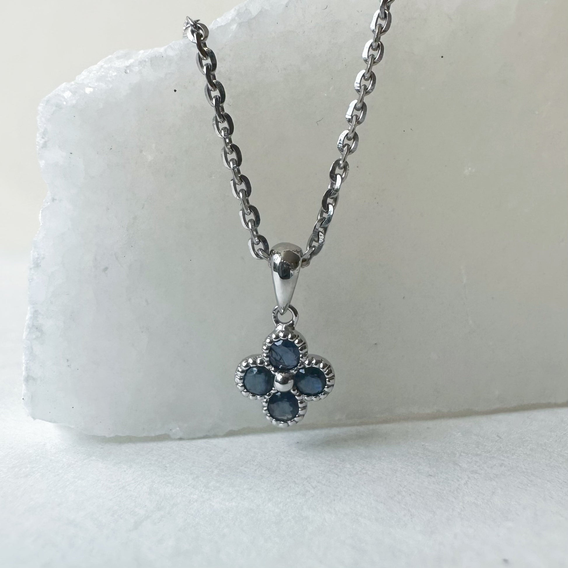 14K Solid Gold Natural Sapphire Clover Necklace | 0.31 CT Genuine Sapphire Necklace Charm | September Birthstone Gift