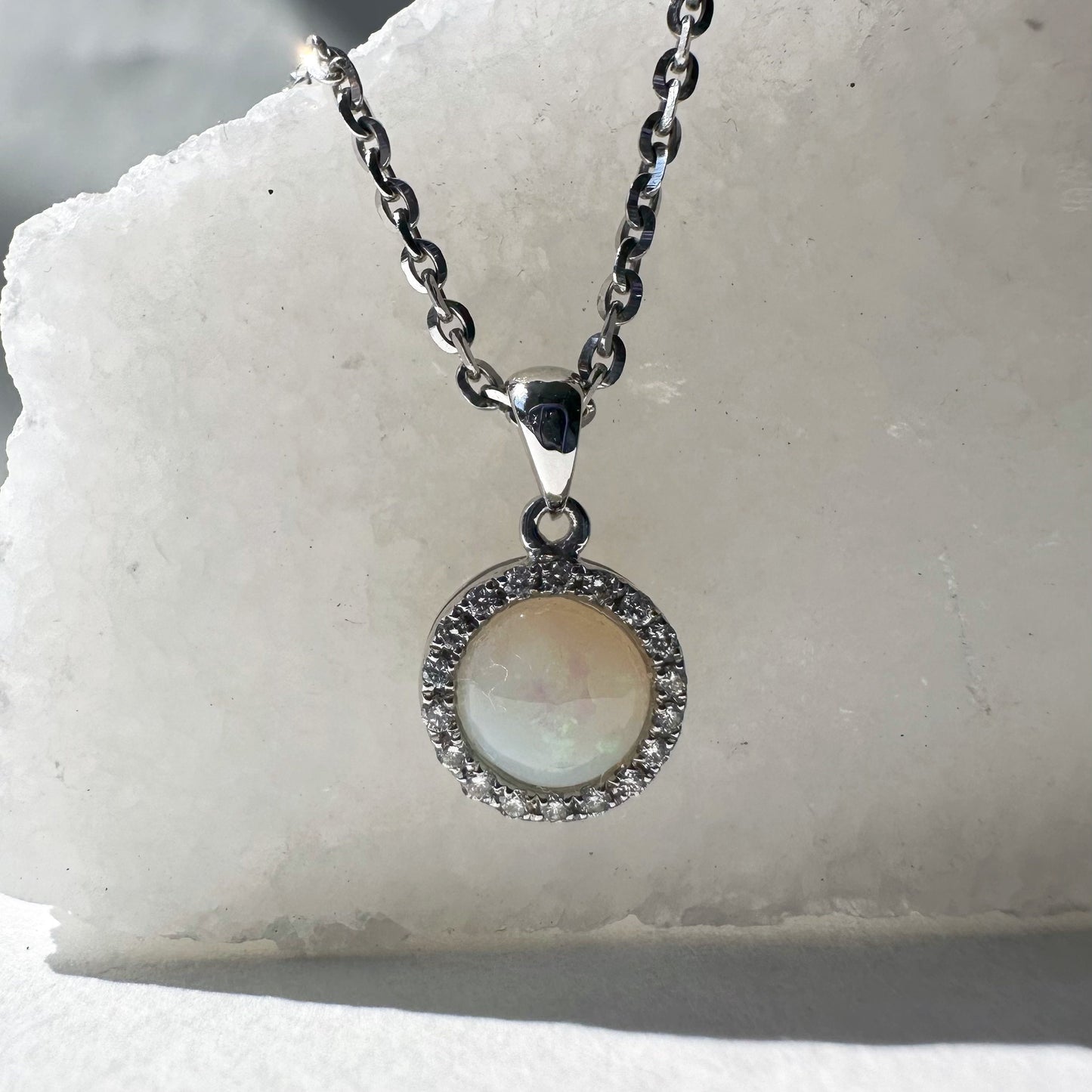 14K Solid Gold Genuine Diamond and Opal Circle Pendant