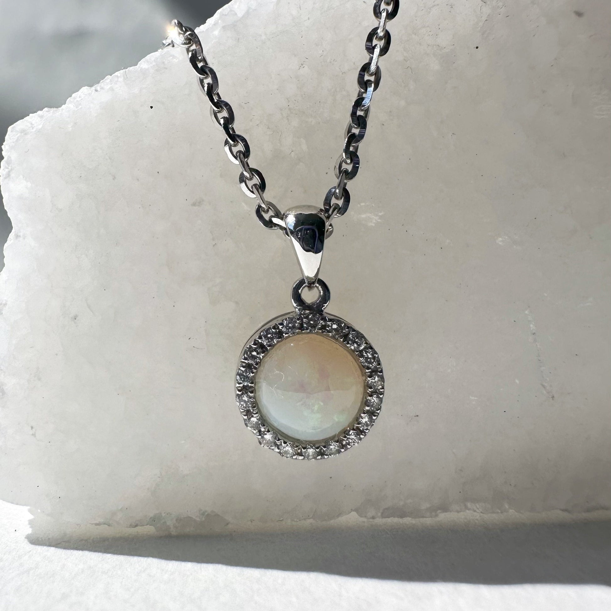 14K Solid Gold Genuine Diamond and Opal Circle Pendant