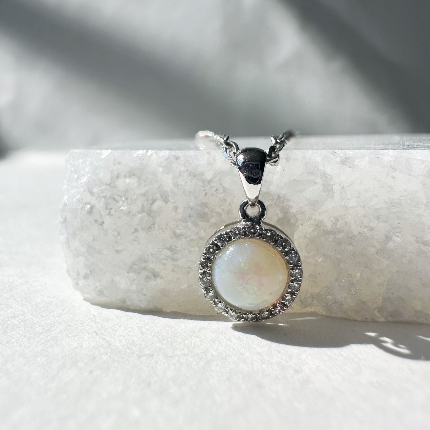 14K Solid Gold Genuine Diamond and Opal Circle Pendant