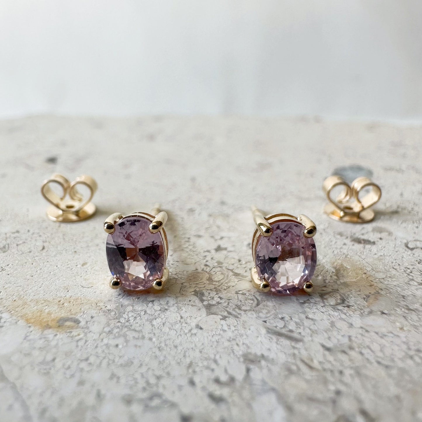 14K Solid Gold Genuine Oval Pink Sapphire Studs/Pair