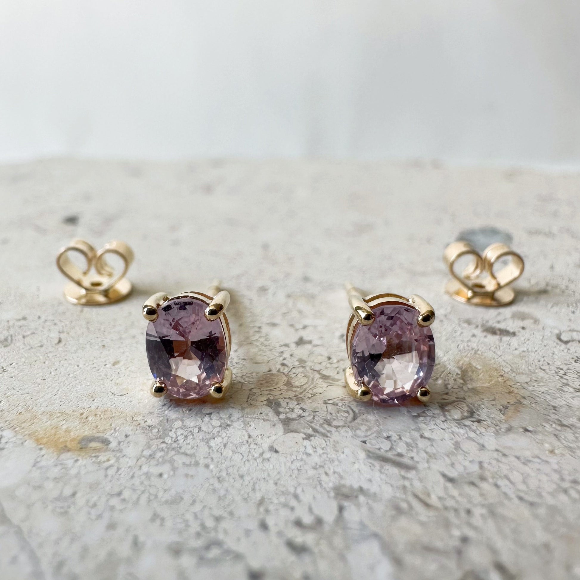 14K Solid Gold Genuine Oval Pink Sapphire Studs/Pair