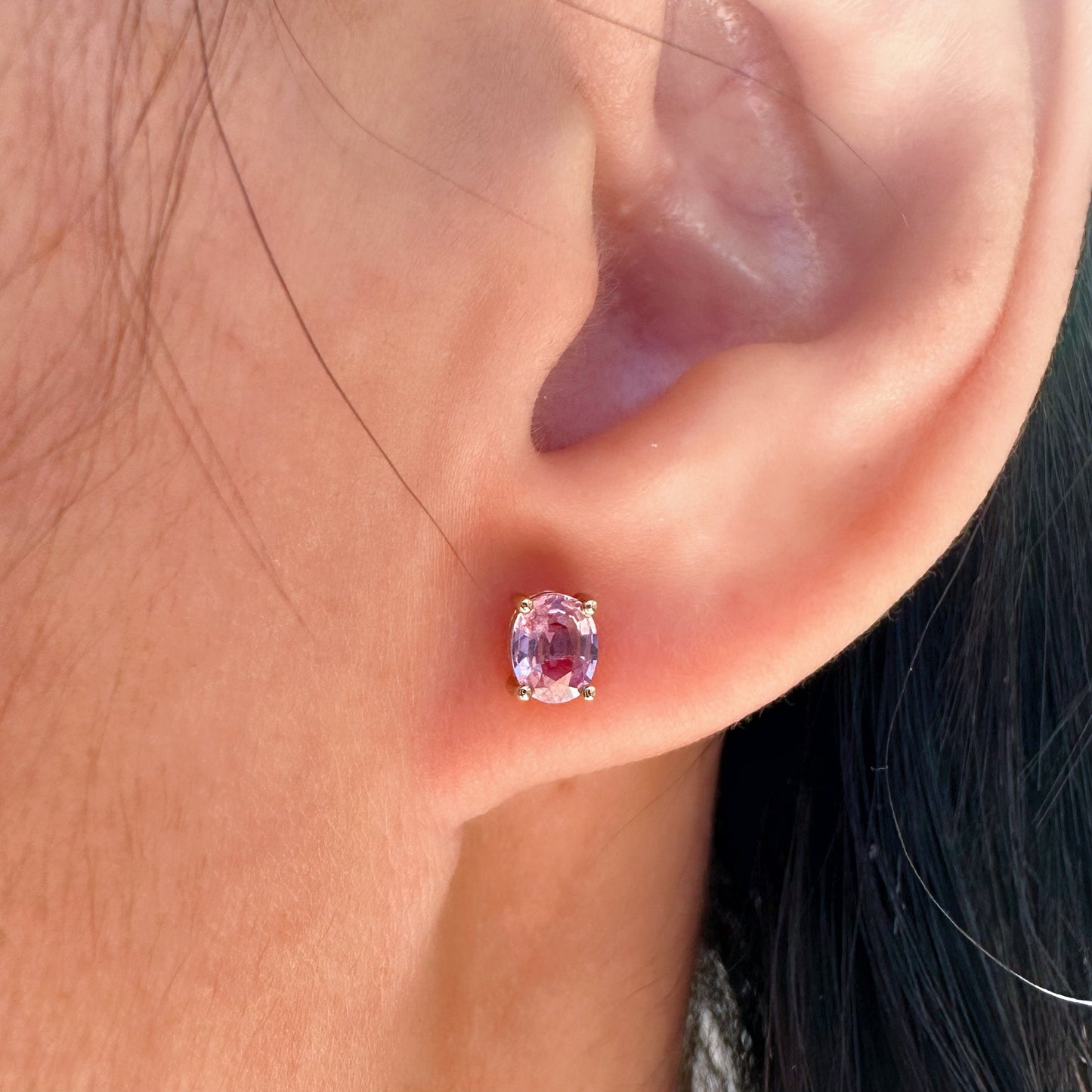 14K Solid Gold Genuine Oval Pink Sapphire Studs/Pair
