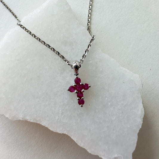 14K Solid Gold Genuine Ruby Small Cross Pendant