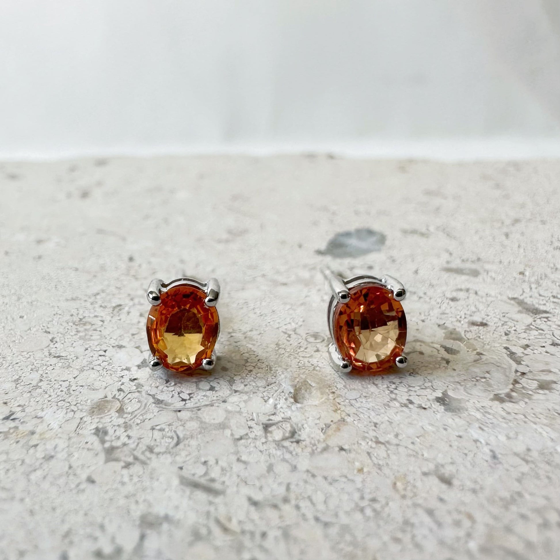 14K Solid Gold Genuine Orange Sapphire Oval Earring/Studs/Pair