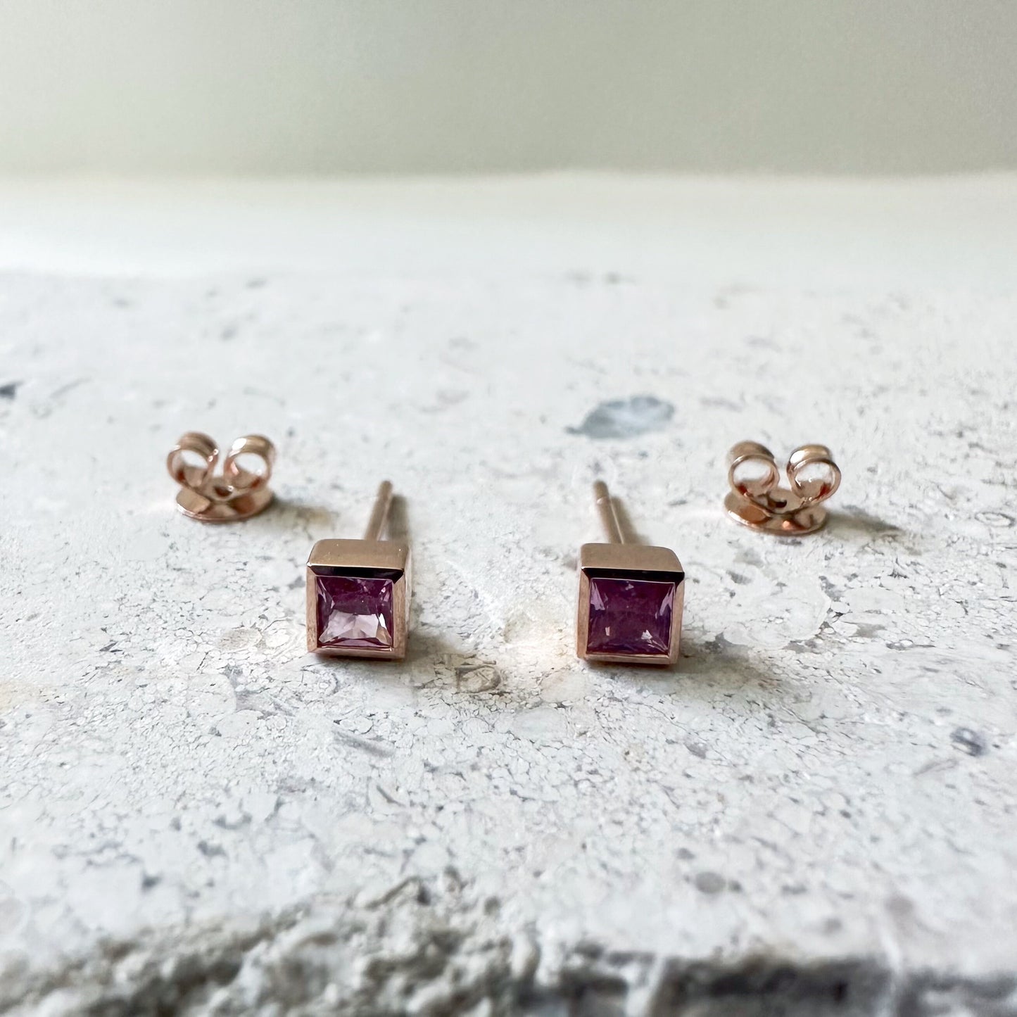 14K Solid Gold Genuine Pink Sapphire Bezel Square Studs/Pair