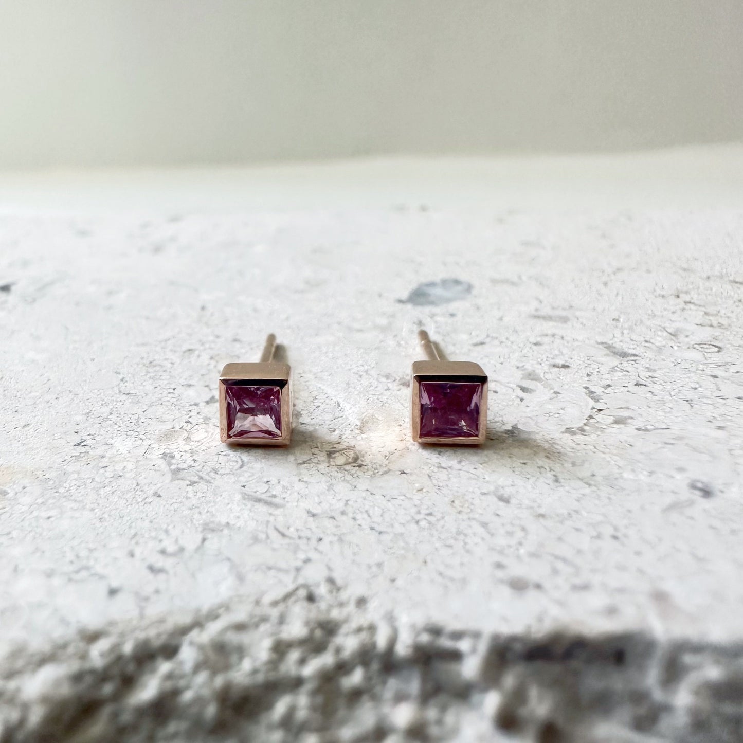 14K Solid Gold Genuine Pink Sapphire Bezel Square Studs/Pair