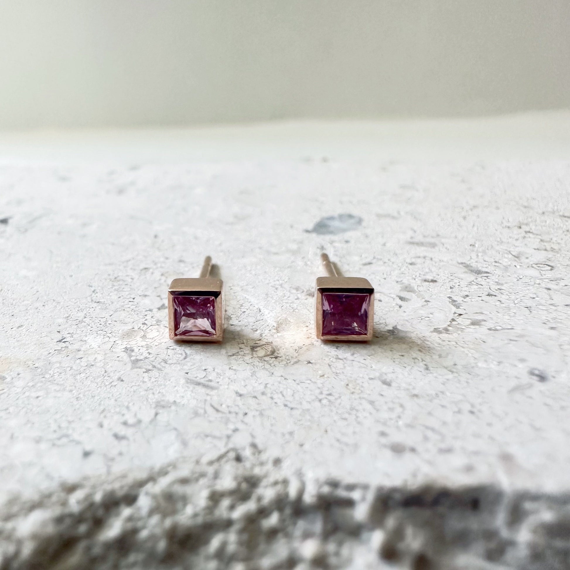 14K Solid Gold Genuine Pink Sapphire Bezel Square Studs/Pair