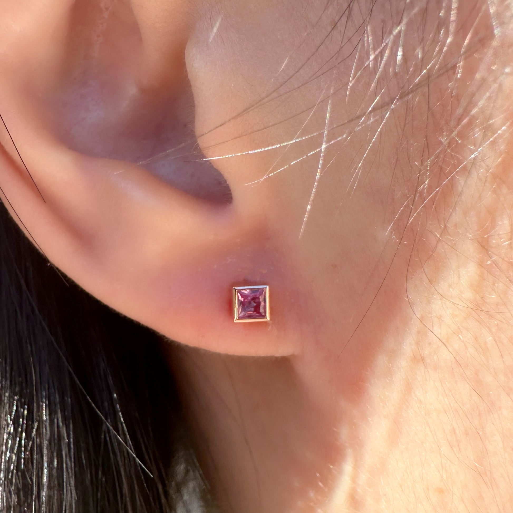 14K Solid Gold Genuine Pink Sapphire Bezel Square Studs/Pair