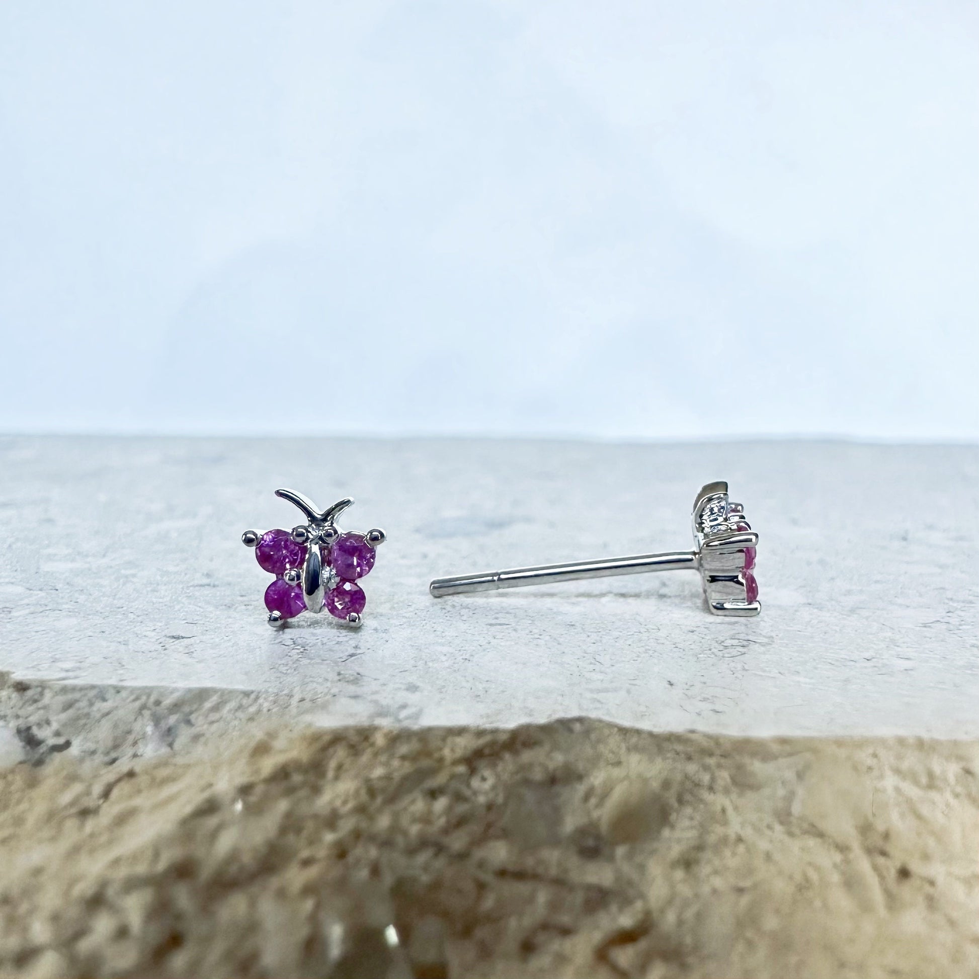 14K Solid Gold Genuine Pink Sapphire Butterfly Studs/Pair