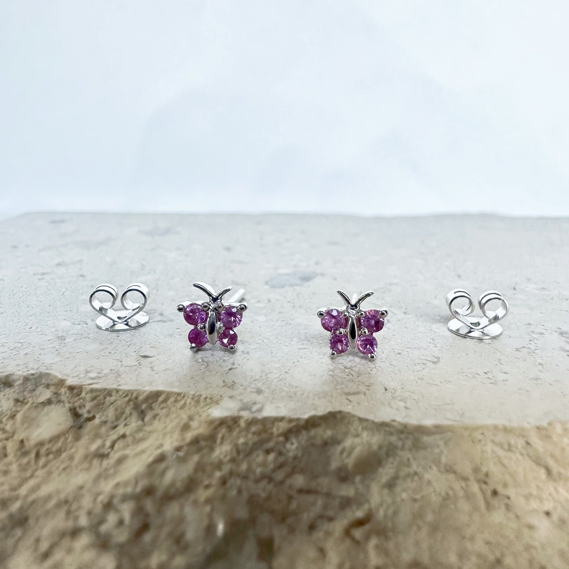 14K Solid Gold Genuine Pink Sapphire Butterfly Studs/Pair