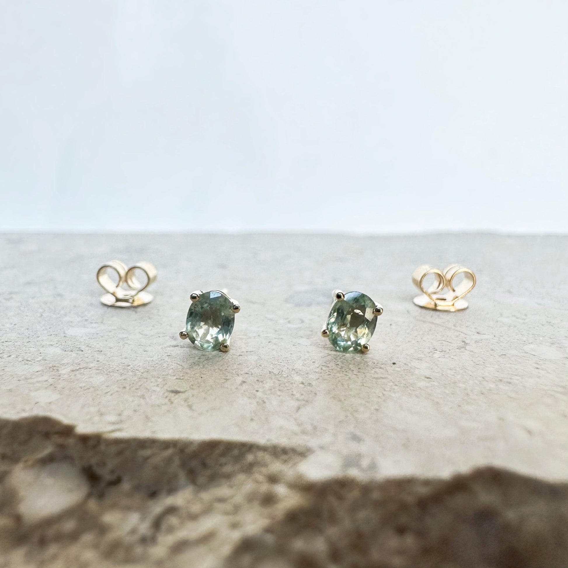 14K Solid Gold Genuine Green Sapphire Oval Studs/Pair