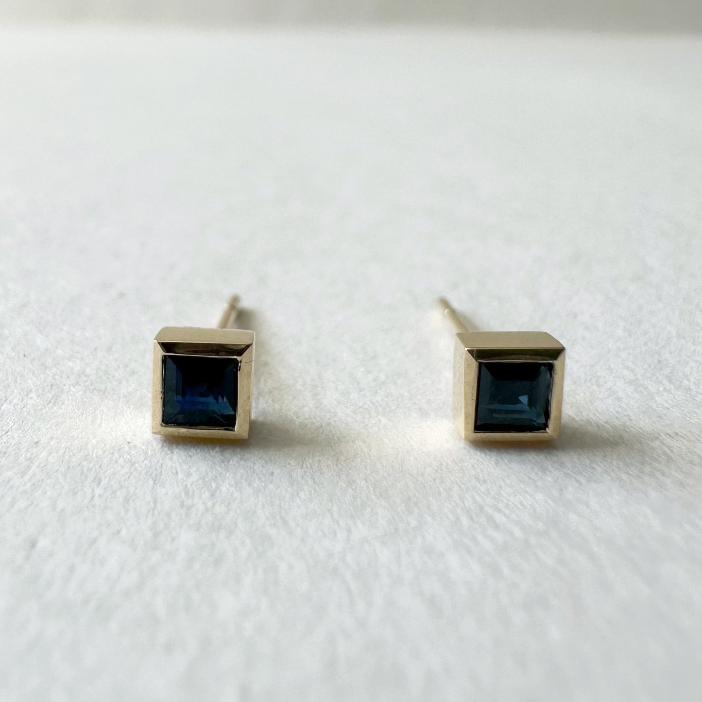 14K Solid Gold Genuine Sapphire Square Bezel Studs/Pair