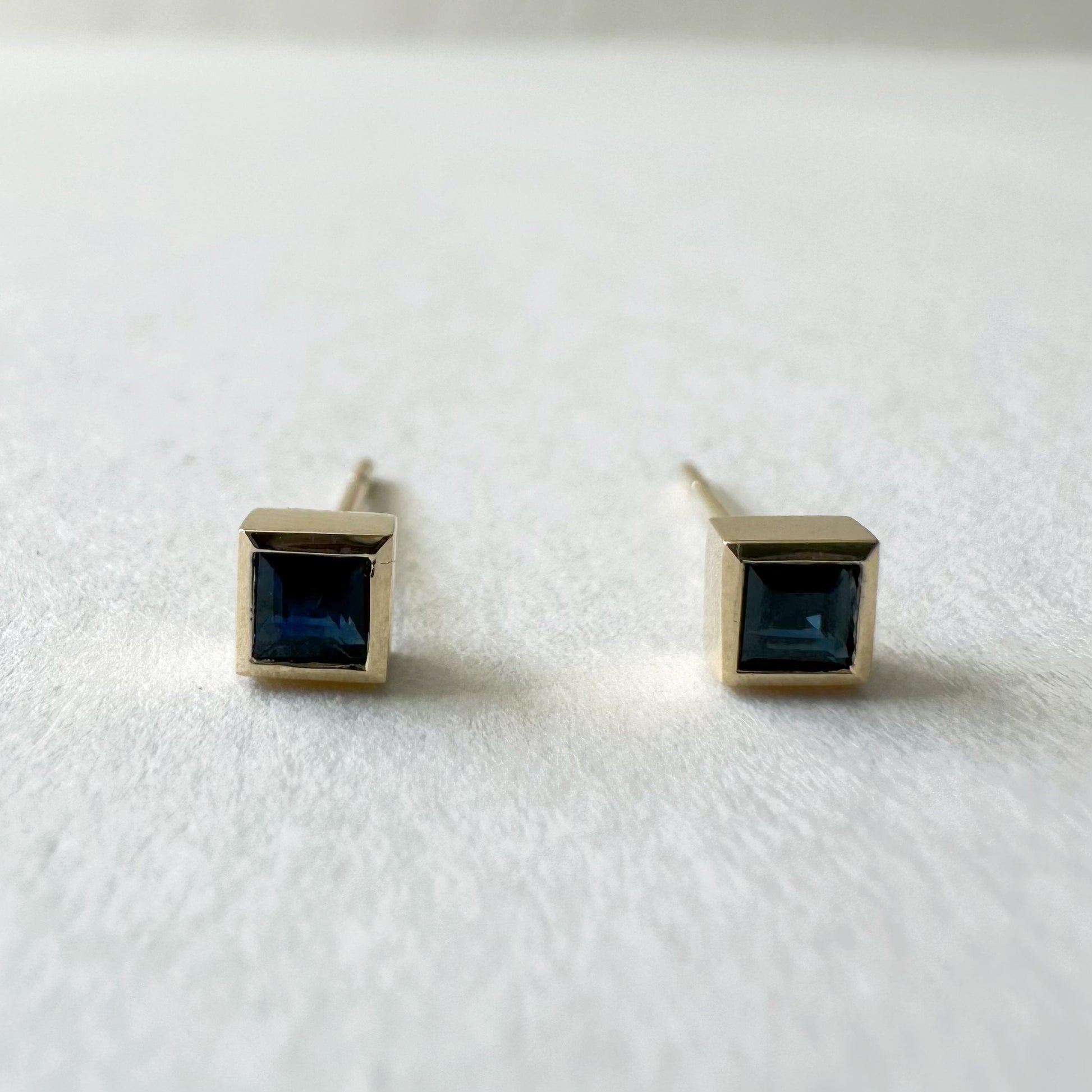 14K Solid Gold Genuine Sapphire Square Bezel Studs/Pair