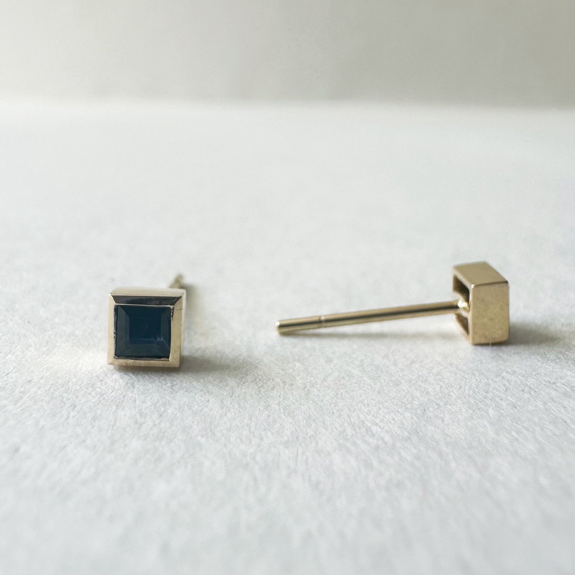 14K Solid Gold Genuine Sapphire Square Bezel Studs/Pair