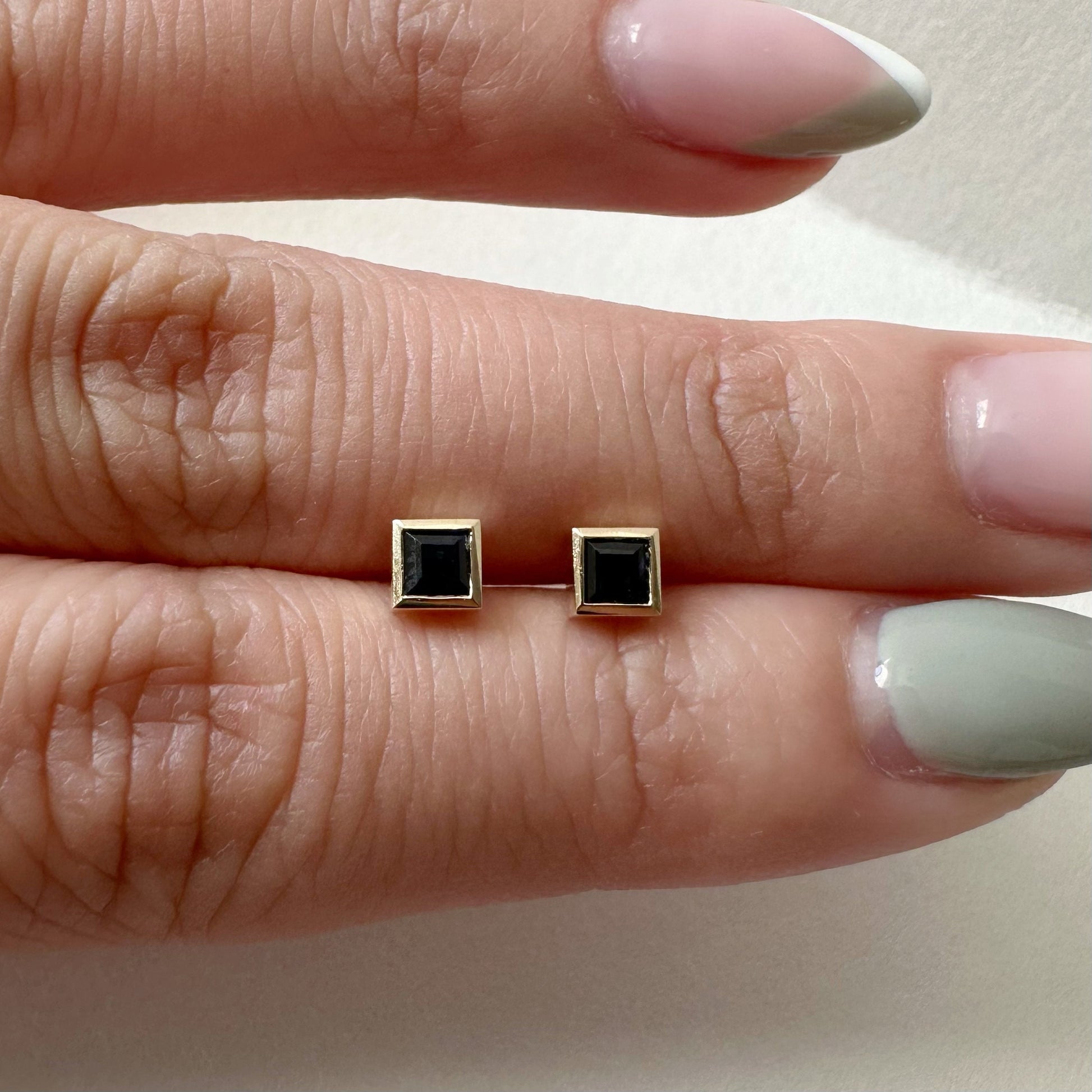 14K Solid Gold Genuine Sapphire Square Bezel Studs/Pair