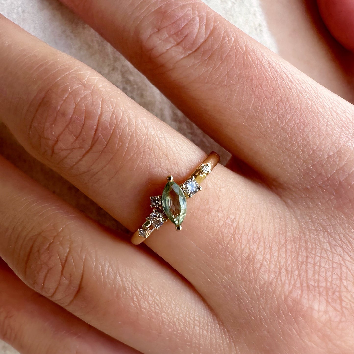 14K Solid White Gold Genuine Green Sapphire and Diamond Ring