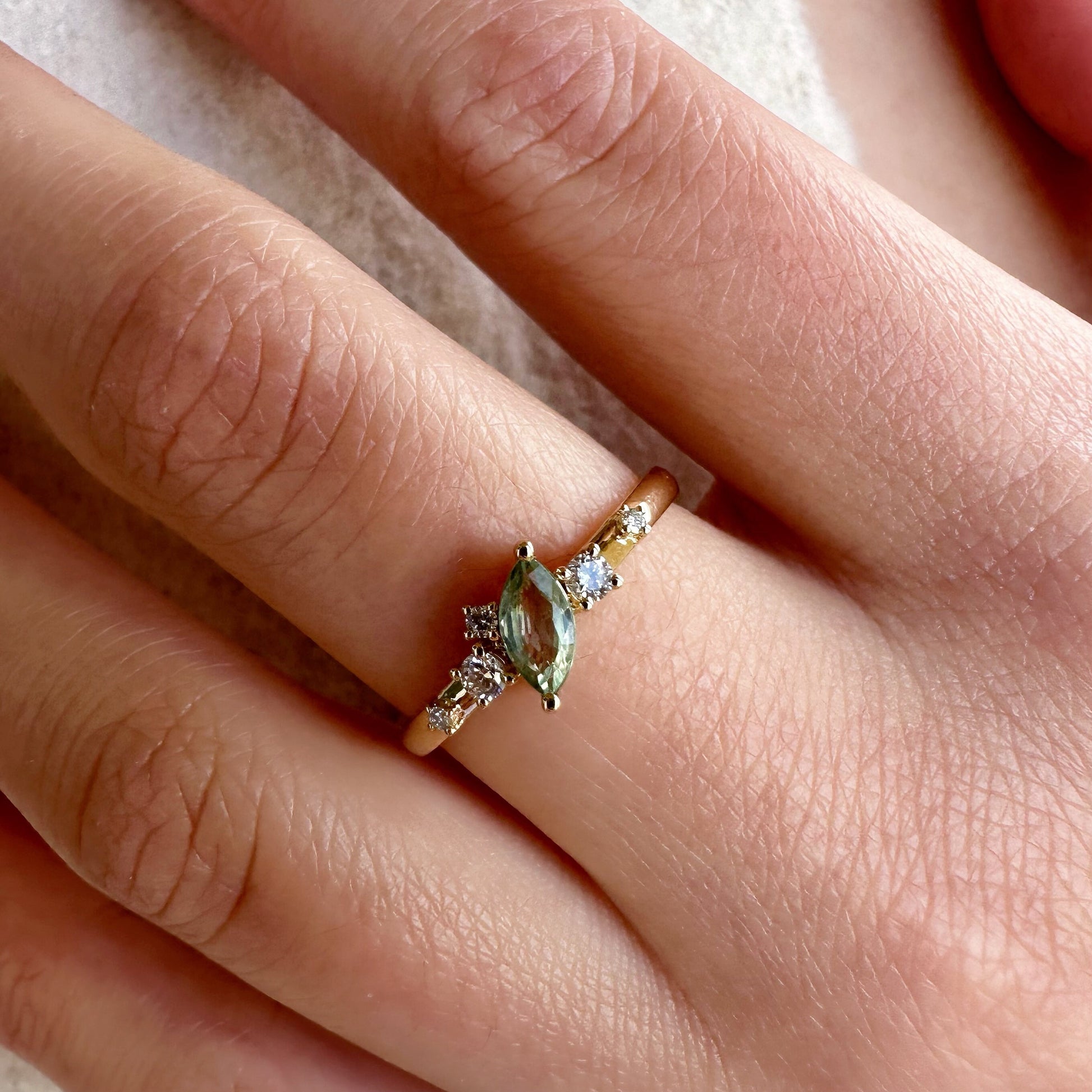 14K Solid White Gold Genuine Green Sapphire and Diamond Ring