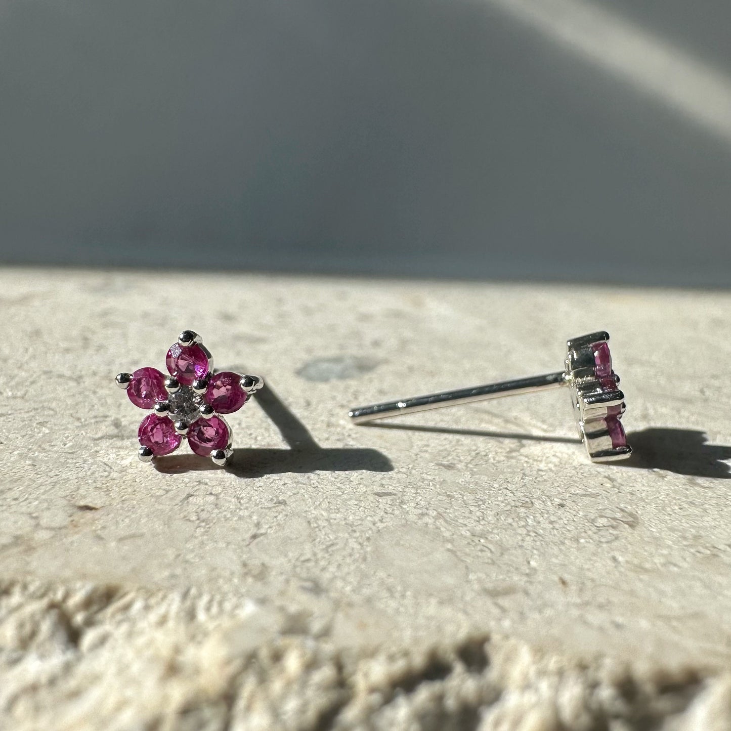 14K Solid Gold Genuine Ruby and Diamond Flower Studs/Pair