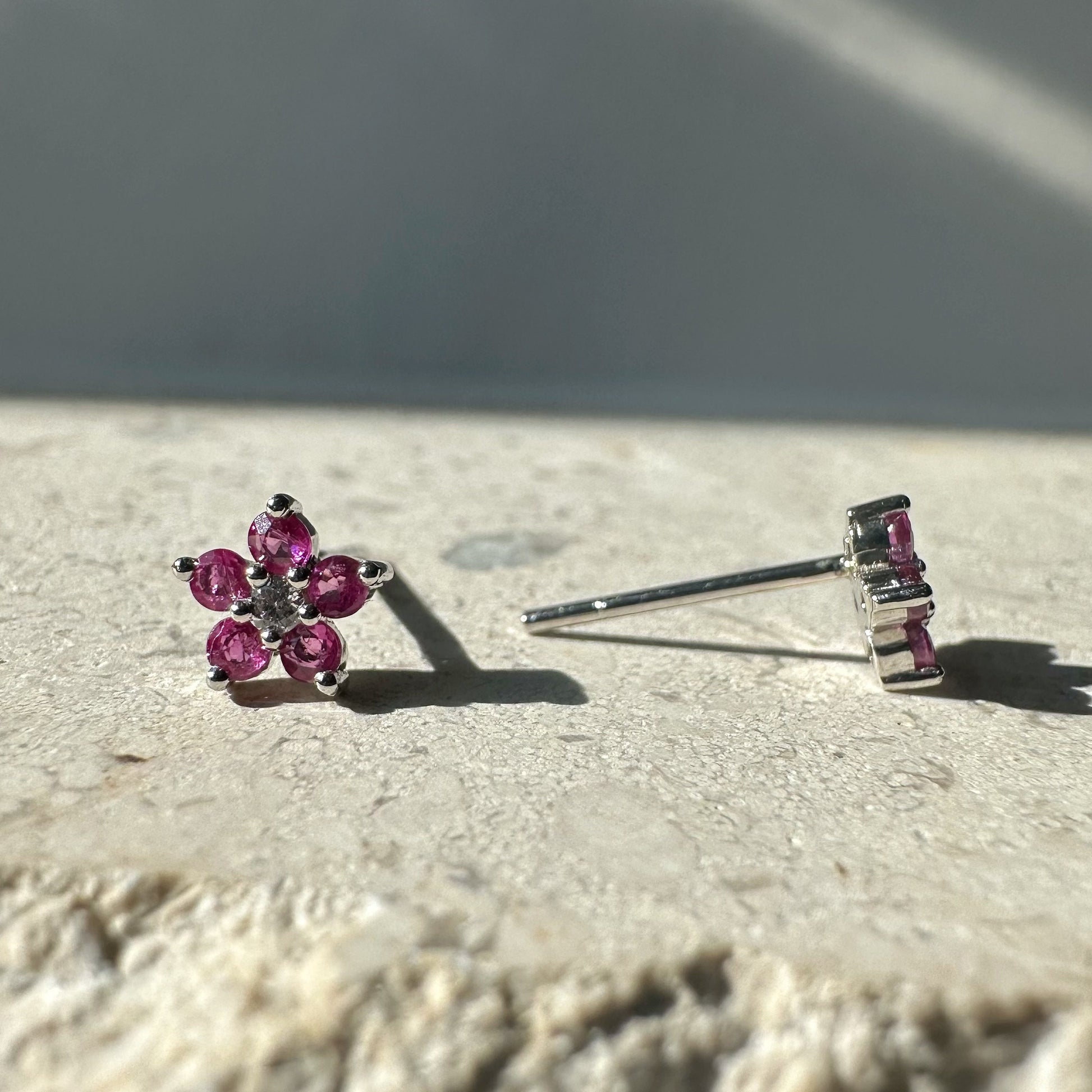 14K Solid Gold Genuine Ruby and Diamond Flower Studs/Pair