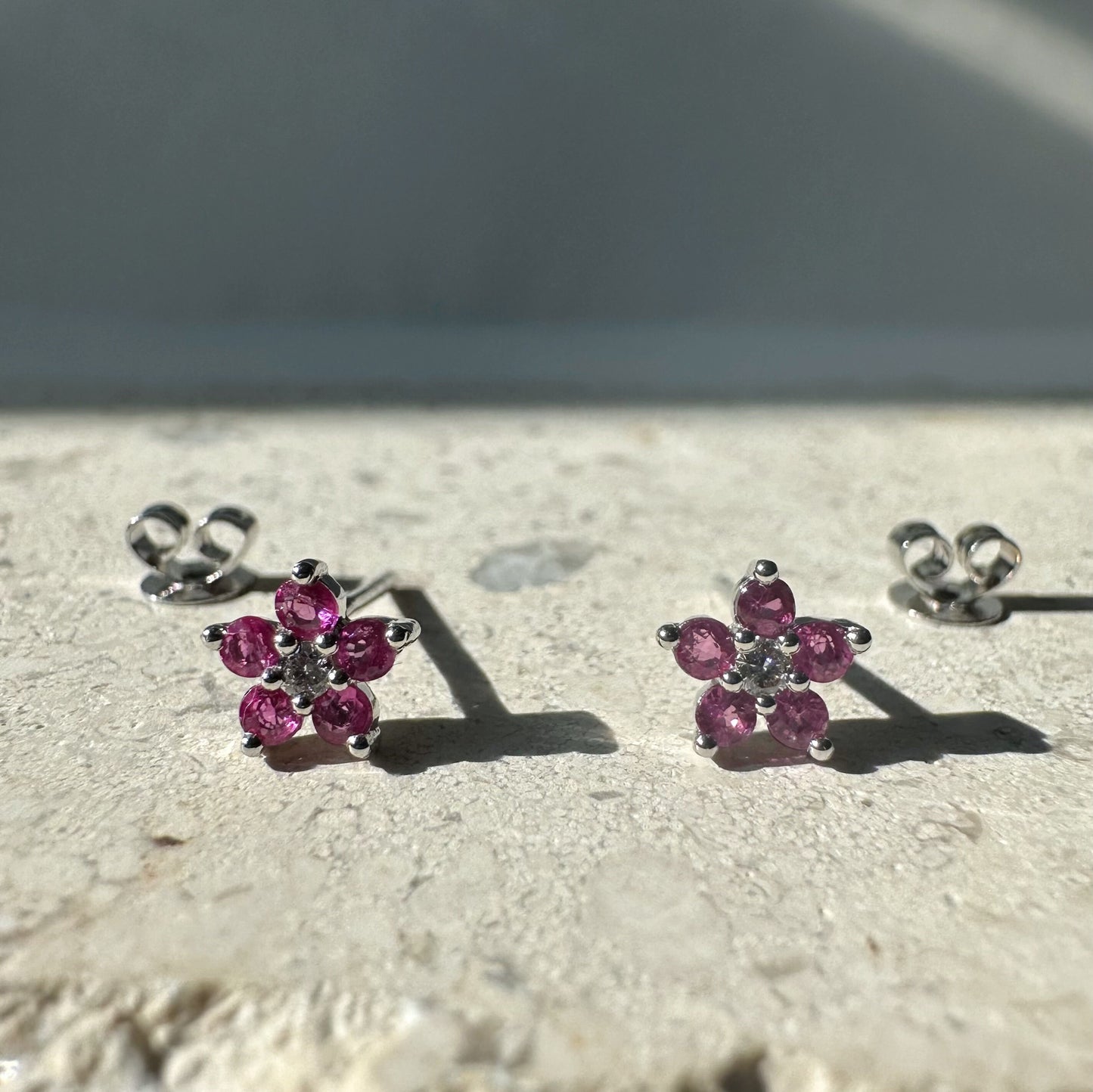 14K Solid Gold Genuine Ruby and Diamond Flower Studs/Pair