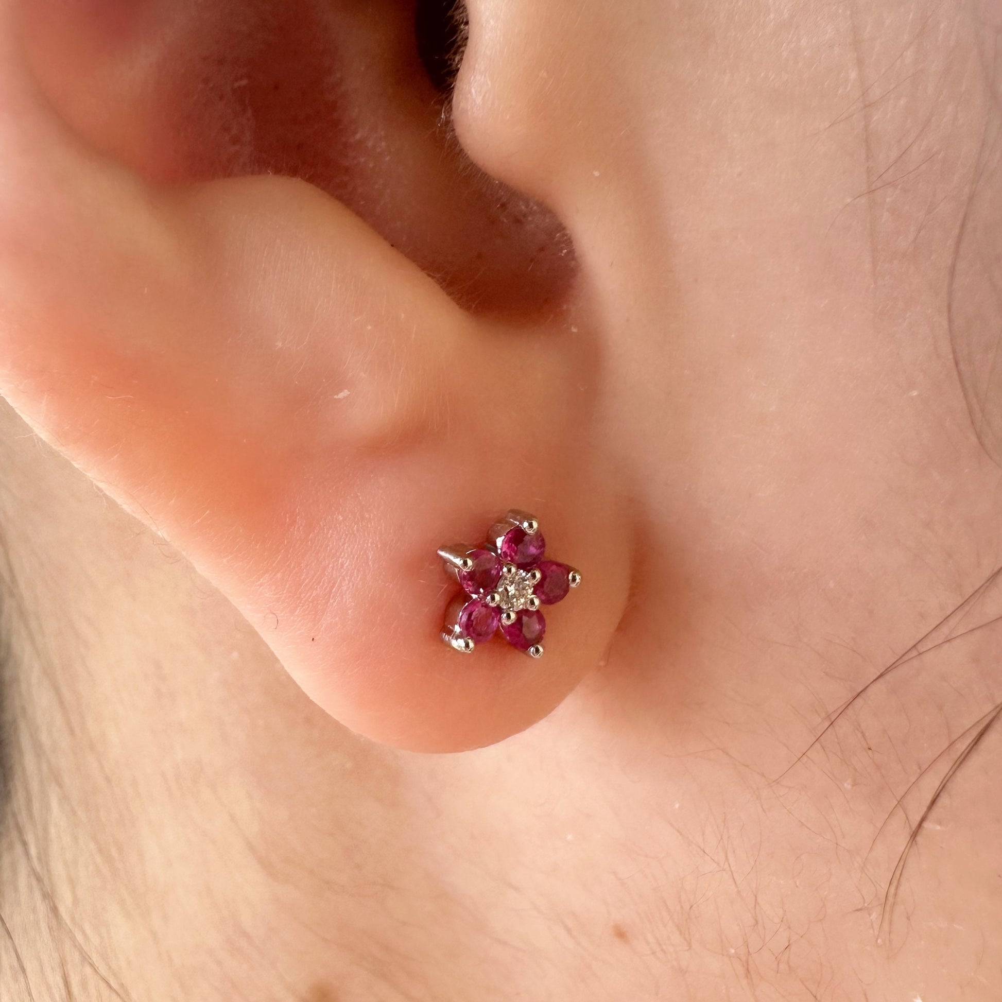 14K Solid Gold Genuine Ruby and Diamond Flower Studs/Pair