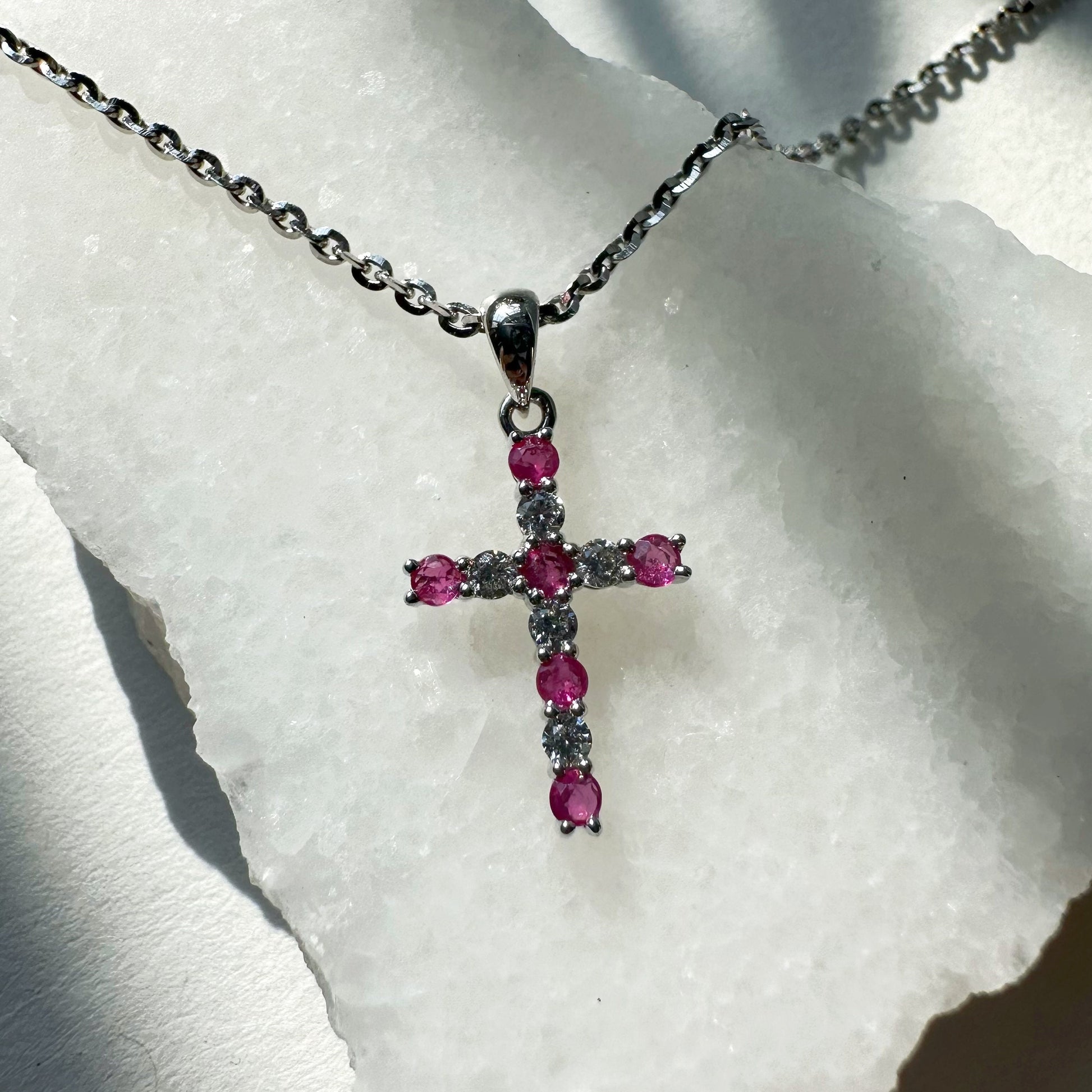 14K Solid Gold Genuine Ruby and Diamond Cross Pendant