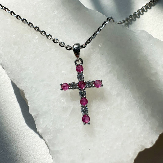 14K Solid Gold Genuine Ruby and Diamond Cross Pendant