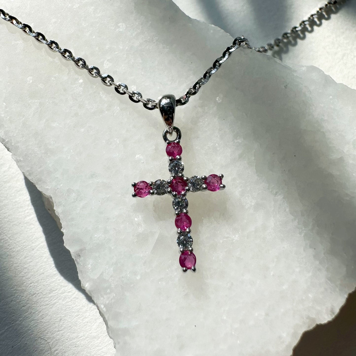 14K Solid Gold Genuine Ruby and Diamond Cross Pendant (pendant only)