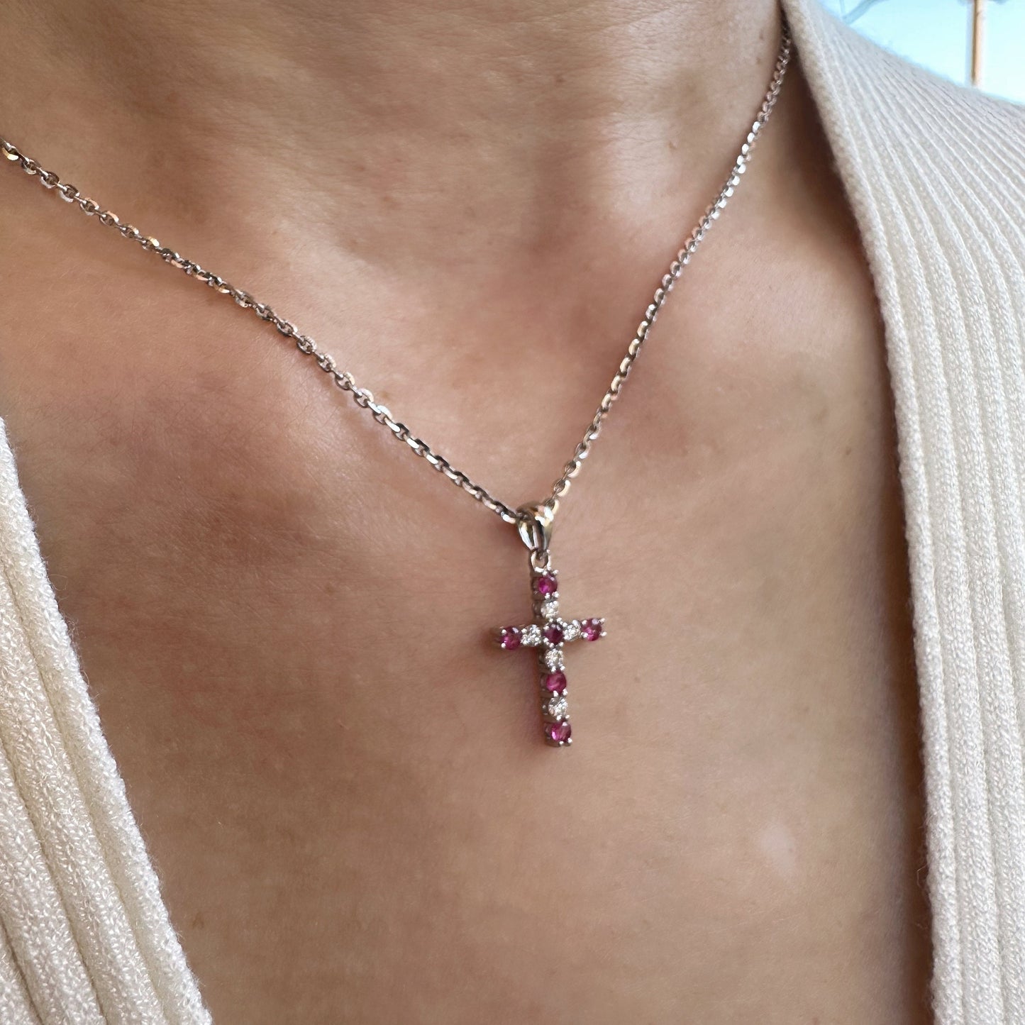 14K Solid Gold Genuine Ruby and Diamond Cross Pendant