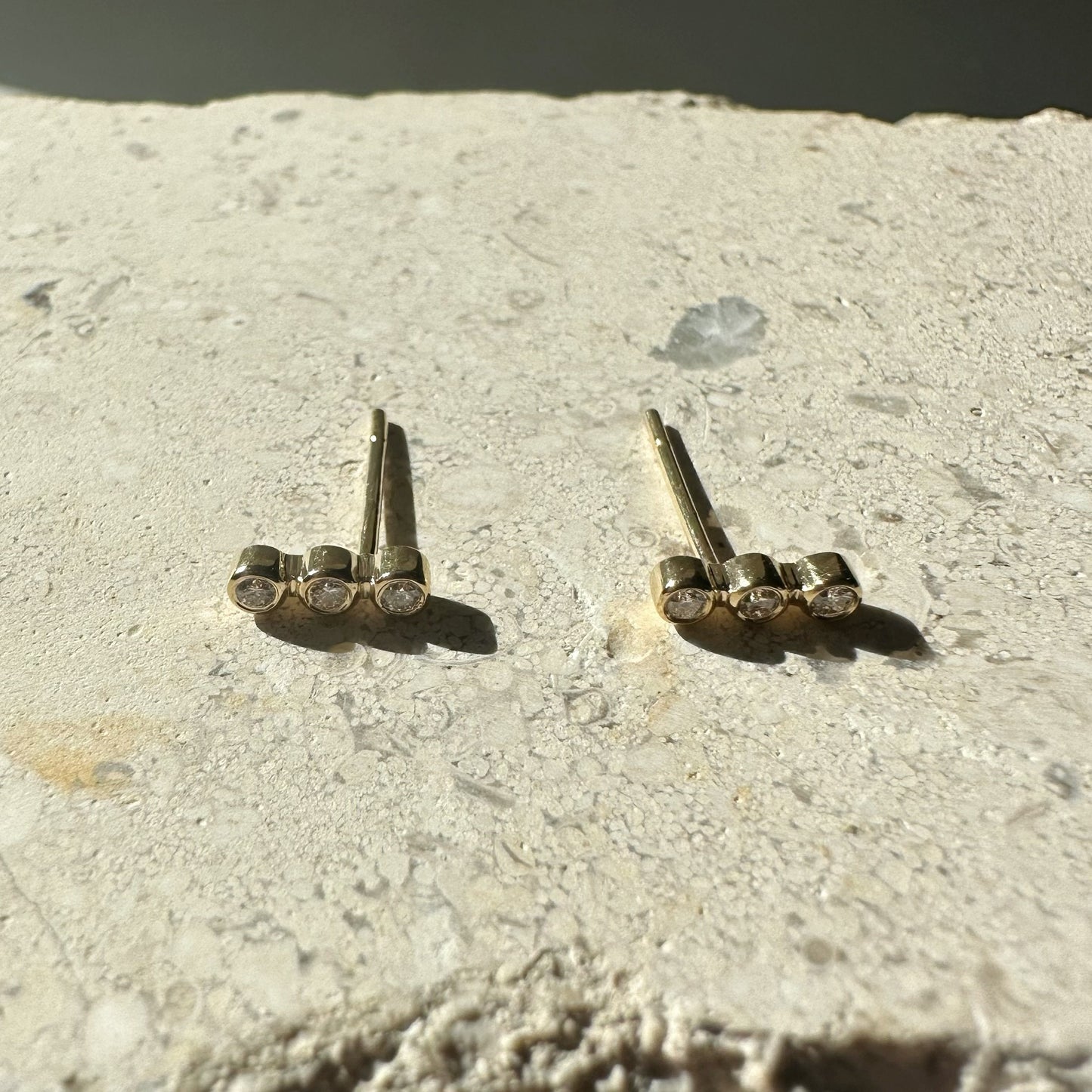 14K Solid Gold Genuine Diamond Bezel Bar Studs/Pair