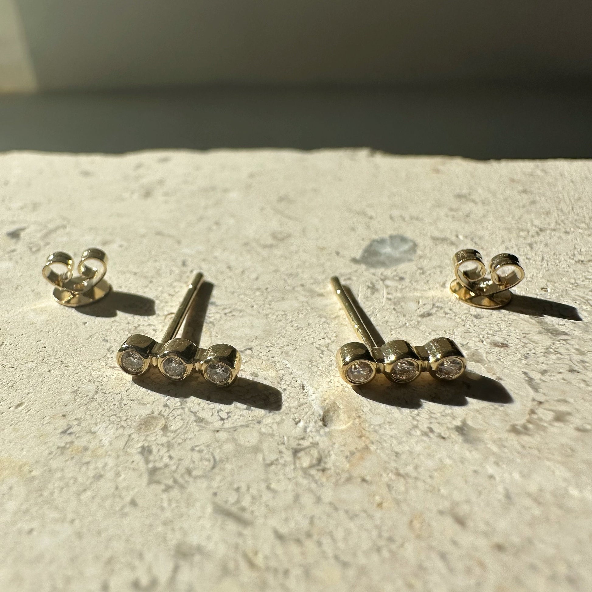 14K Solid Gold Genuine Diamond Bezel Bar Studs/Pair