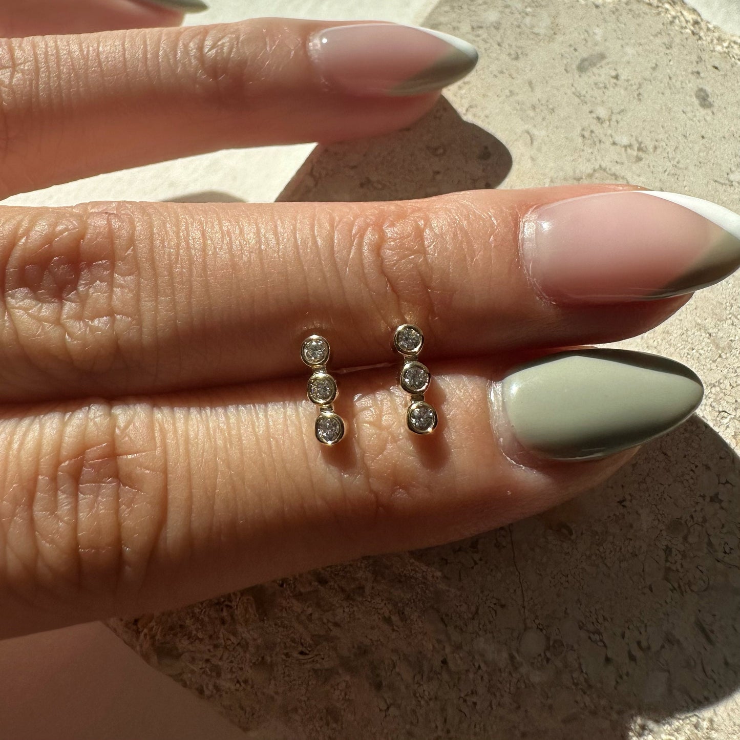 14K Solid Gold Genuine Diamond Bezel Bar Studs/Pair