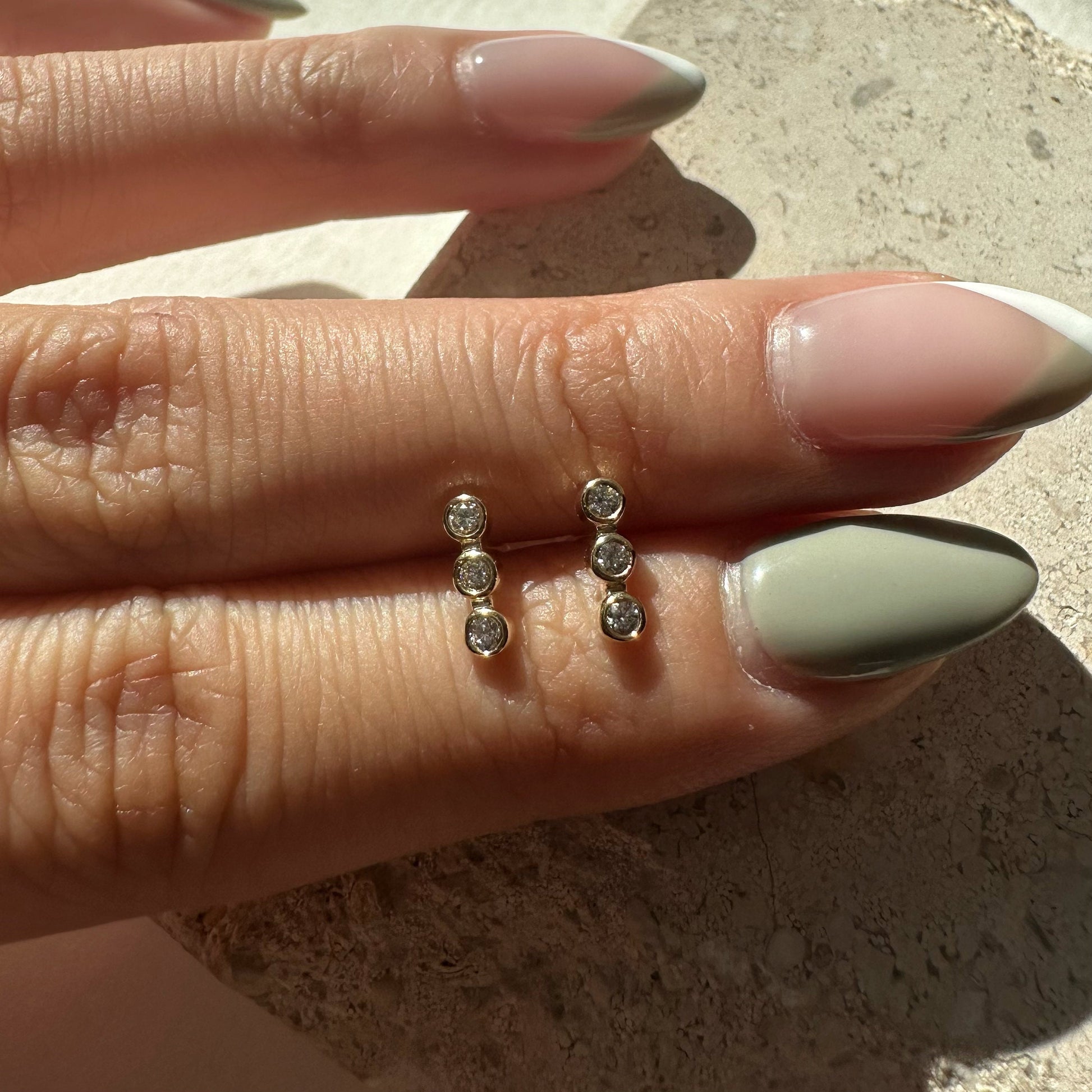 14K Solid Gold Genuine Diamond Bezel Bar Studs/Pair