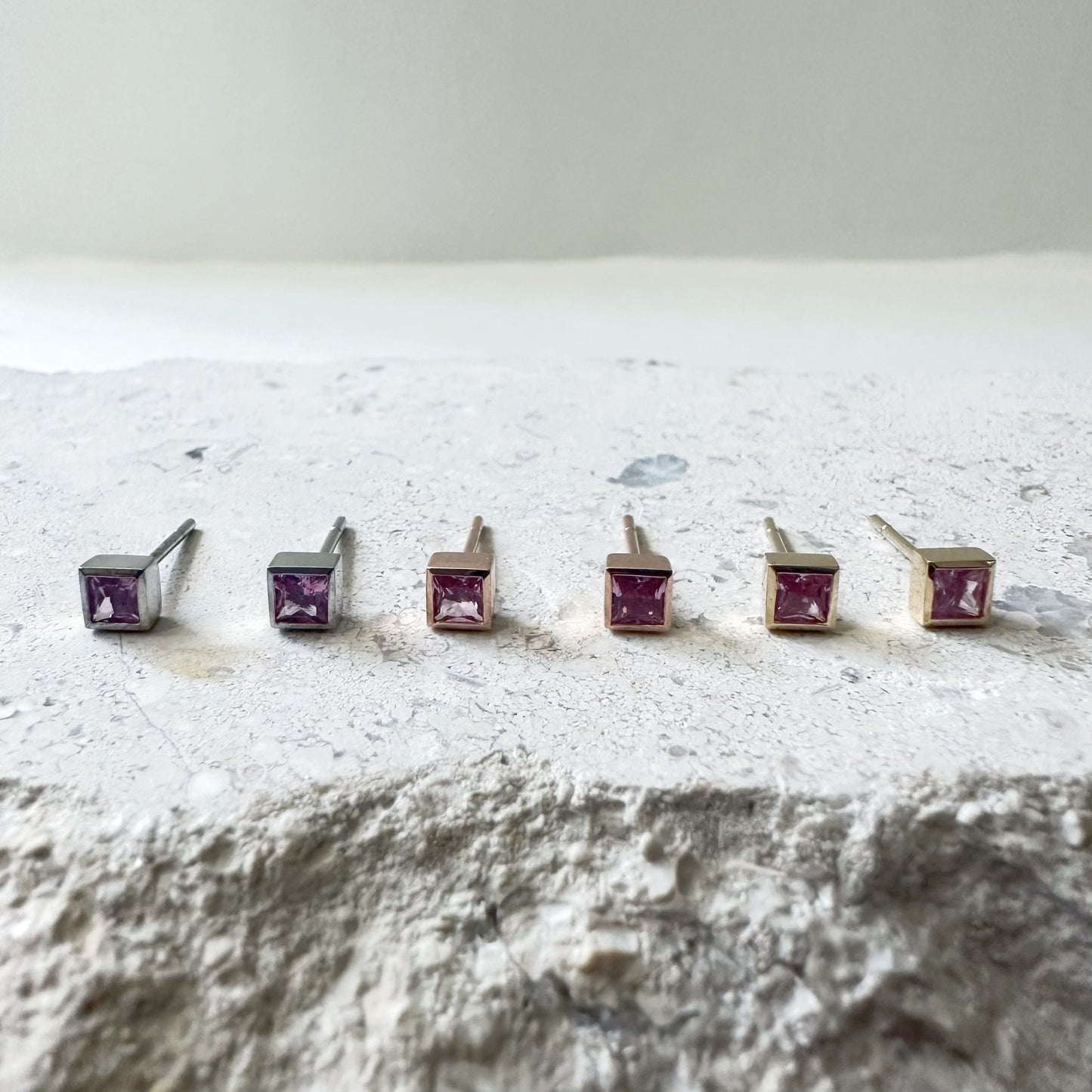 14K Solid Gold Genuine Pink Sapphire Bezel Square Studs/Pair