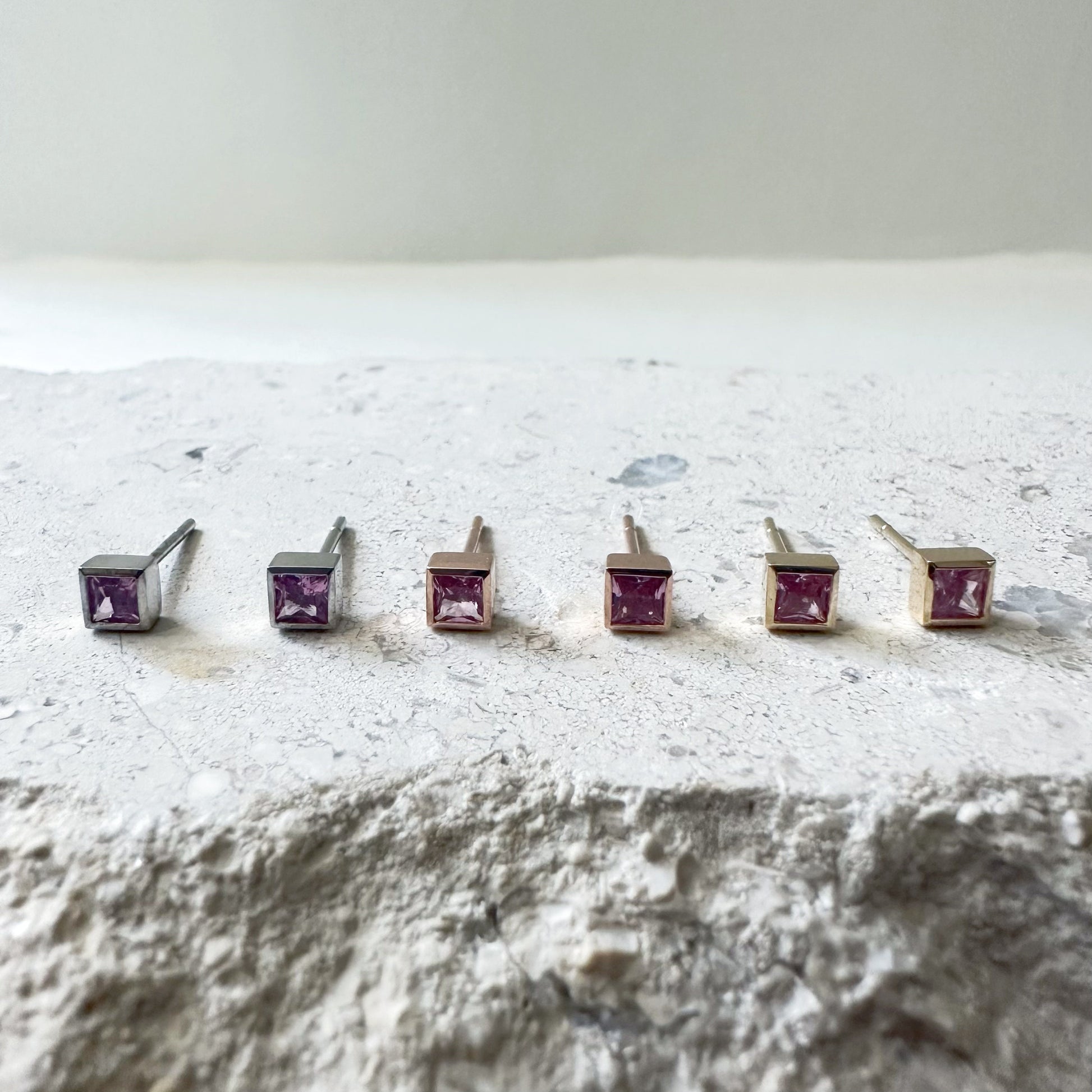 14K Solid Gold Genuine Pink Sapphire Bezel Square Studs/Pair