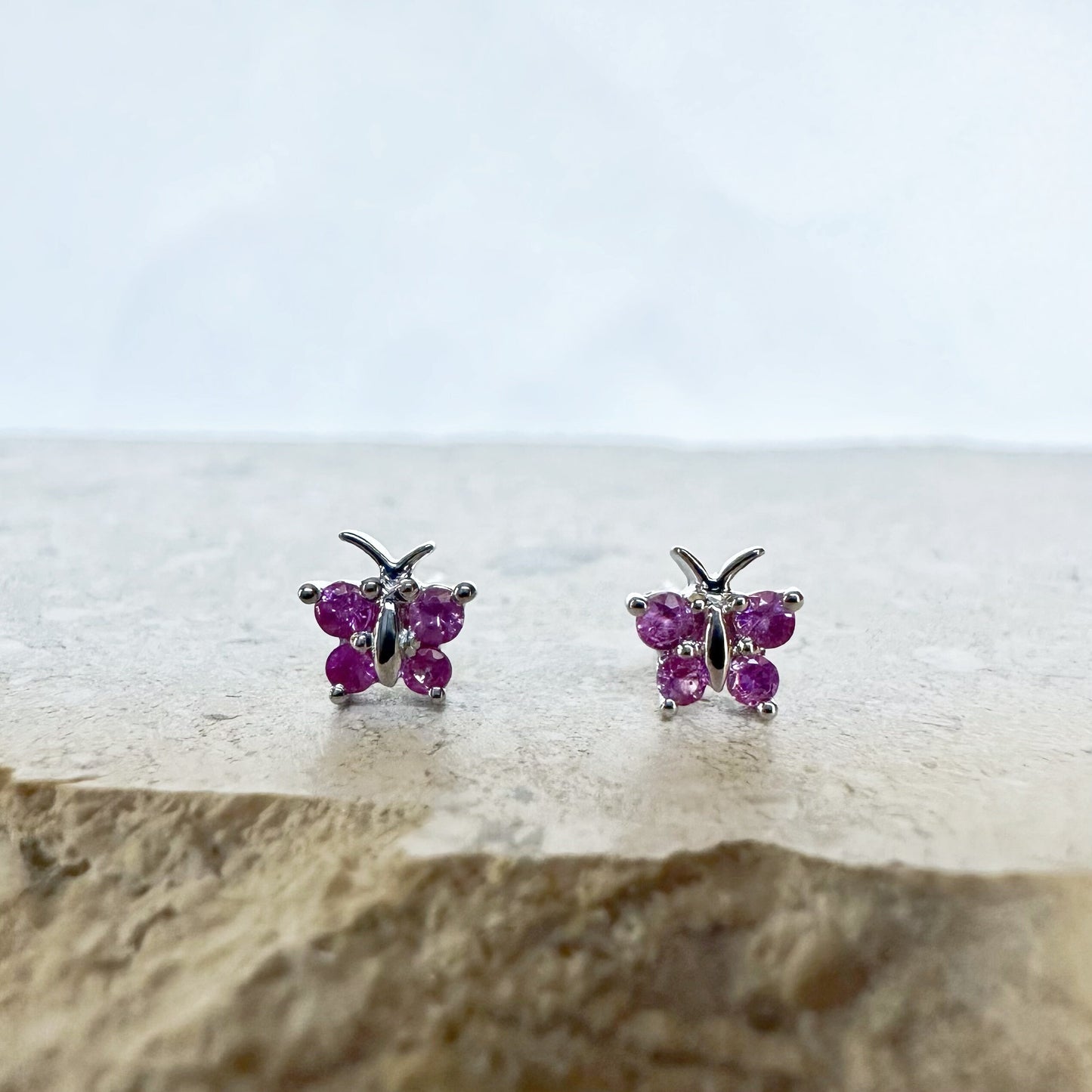 14K Solid Gold Genuine Pink Sapphire Butterfly Studs/Pair