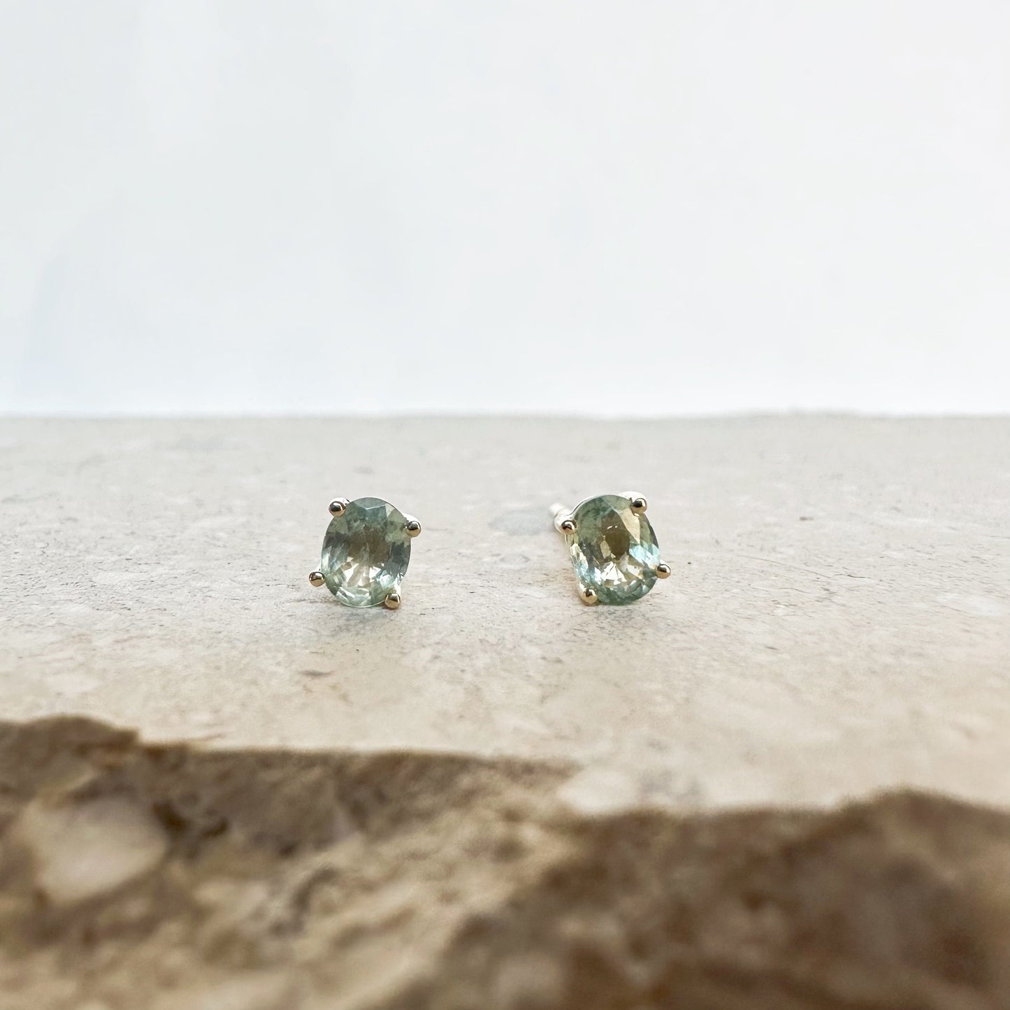 14K Solid Gold Genuine Green Sapphire Oval Studs/Pair