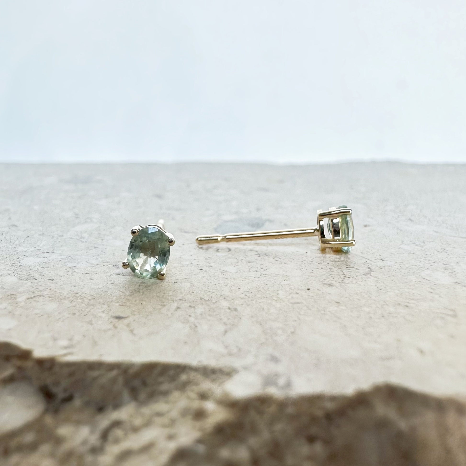 14K Solid Gold Genuine Green Sapphire Oval Studs/Pair