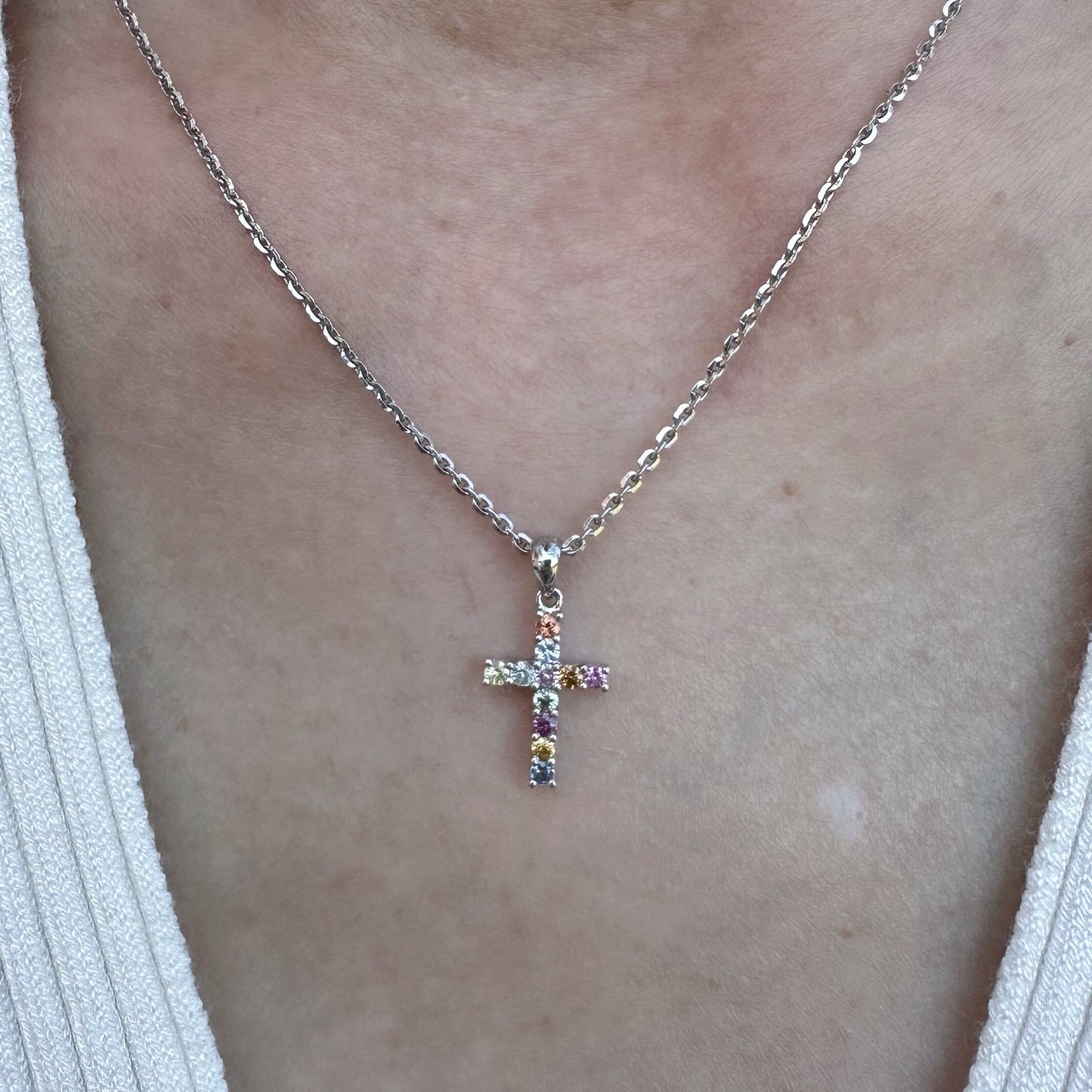 14K Solid Gold Genuine Color Sapphire Rainbow Cross Pendant