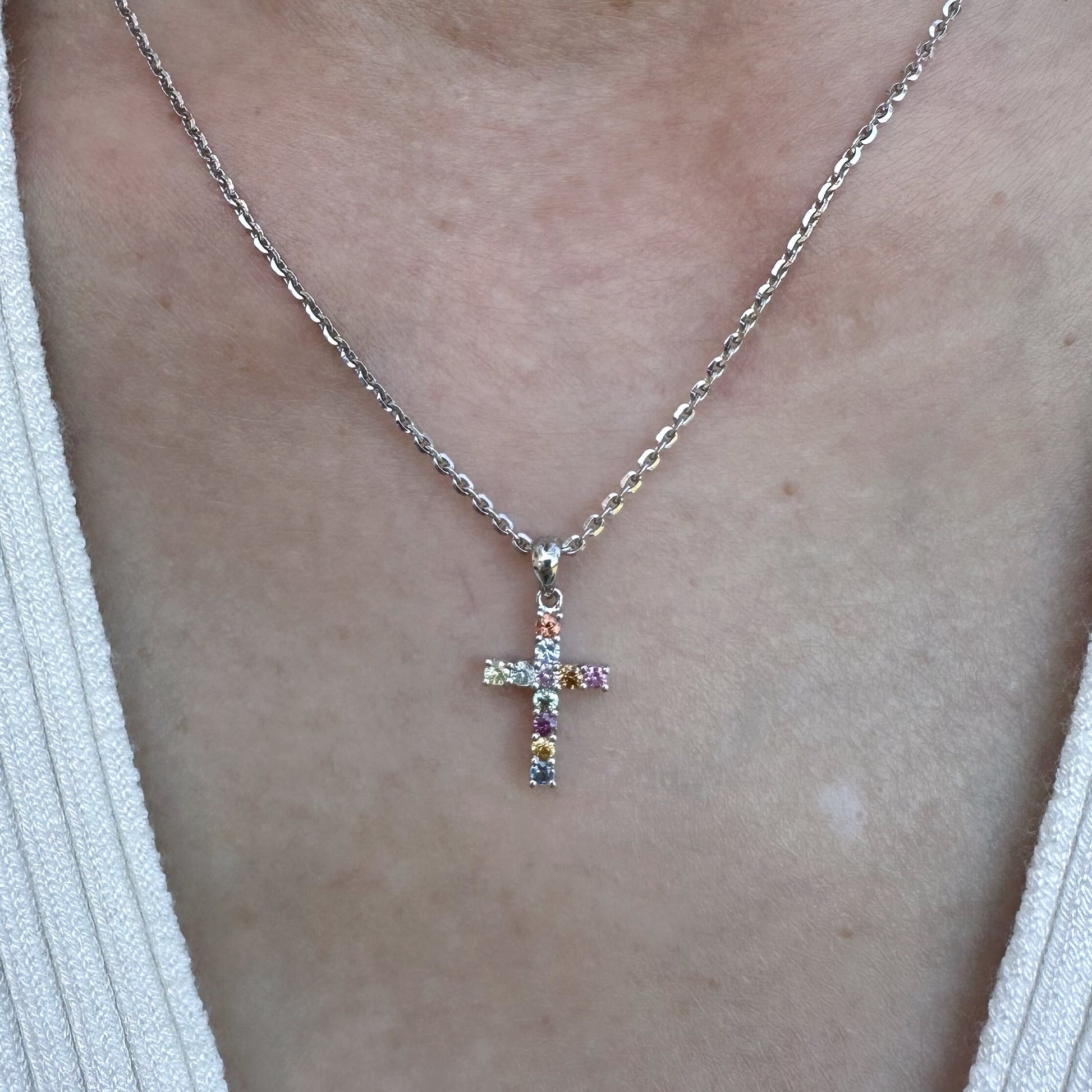 14K Solid Gold Genuine Color Sapphire Rainbow Cross Pendant