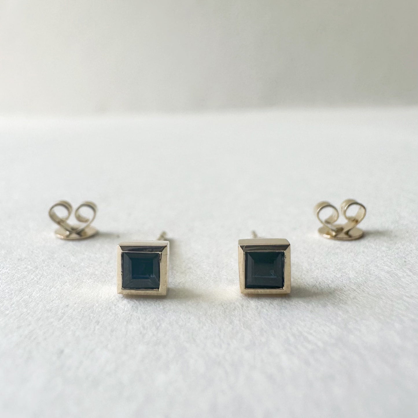 14K Solid Gold Genuine Sapphire Square Bezel Studs/Pair