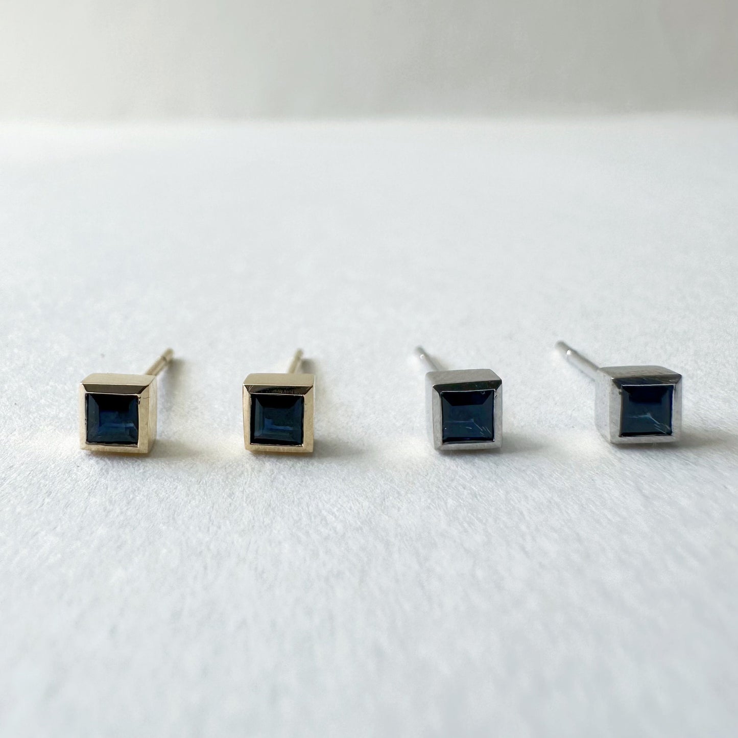 14K Solid Gold Genuine Sapphire Square Bezel Studs/Pair