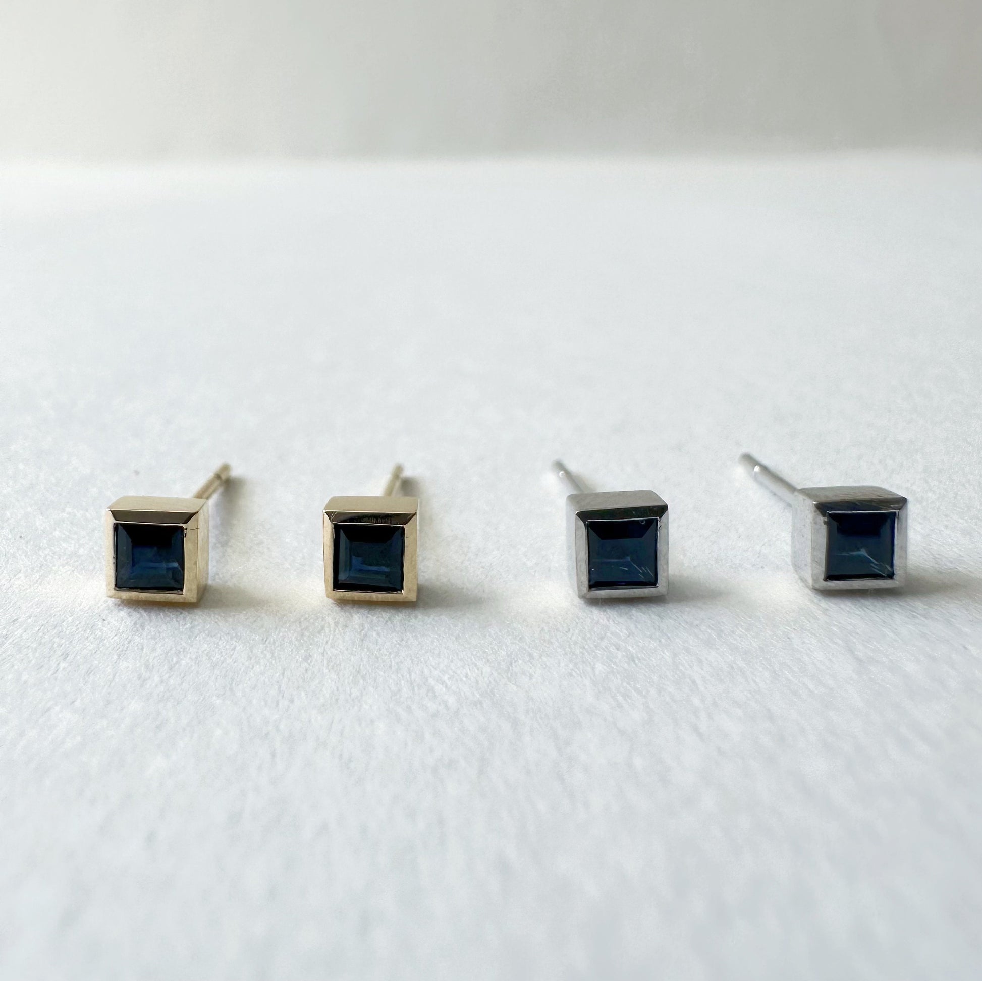 14K Solid Gold Genuine Sapphire Square Bezel Studs/Pair
